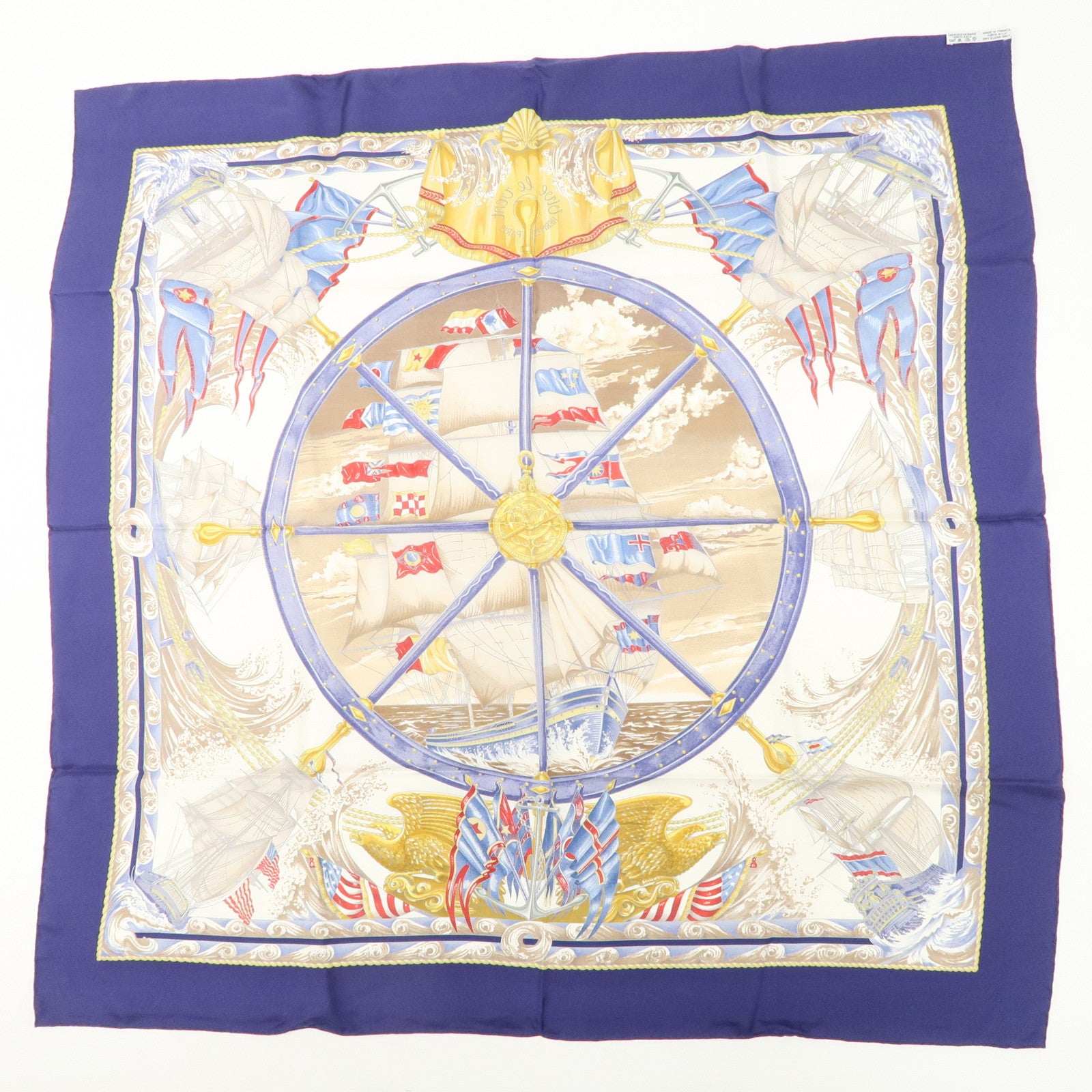 HERMES Carre 90 Silk 100% Scarf Vive levent Navy White Gold