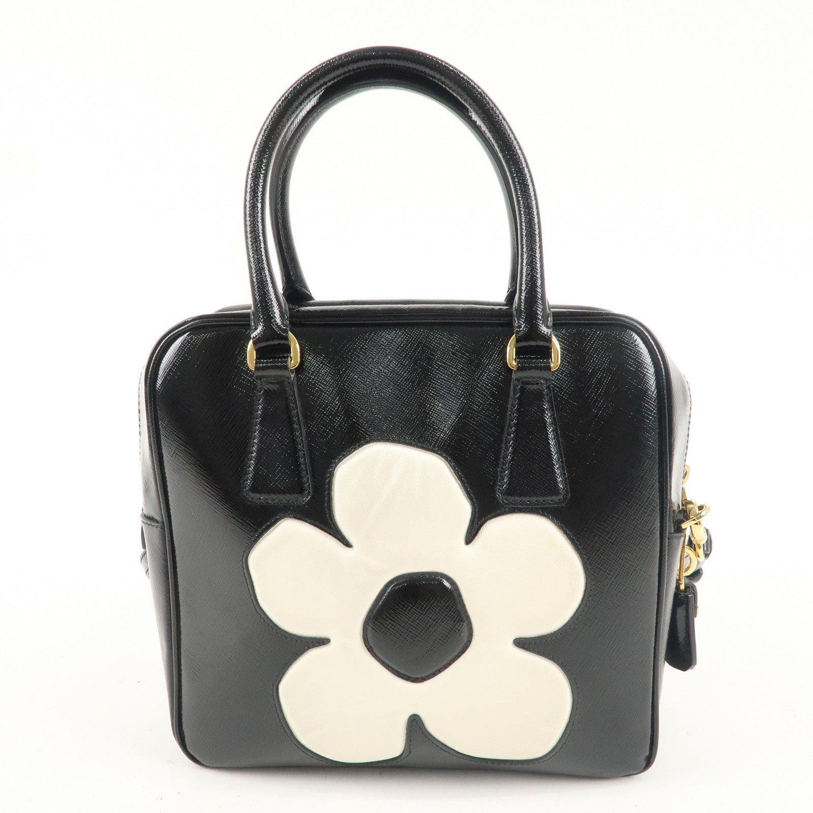 PRADA Saffiano Vernis Leather Flower 2Way Shoulder Hand Bag Black