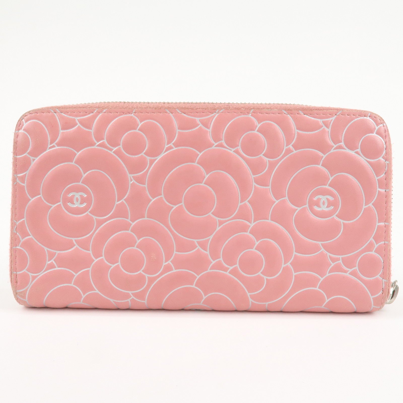 CHANEL Camellia Lamb Skin Long Zippy Wallet Pink A50085