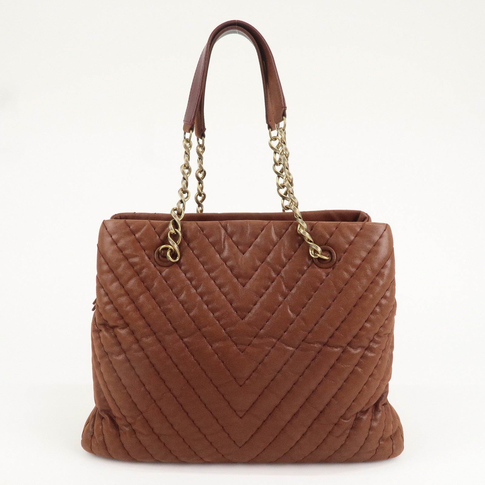 CHANEL V-stitch Leather Chain Shoulder Tote Bag Metalic Brown