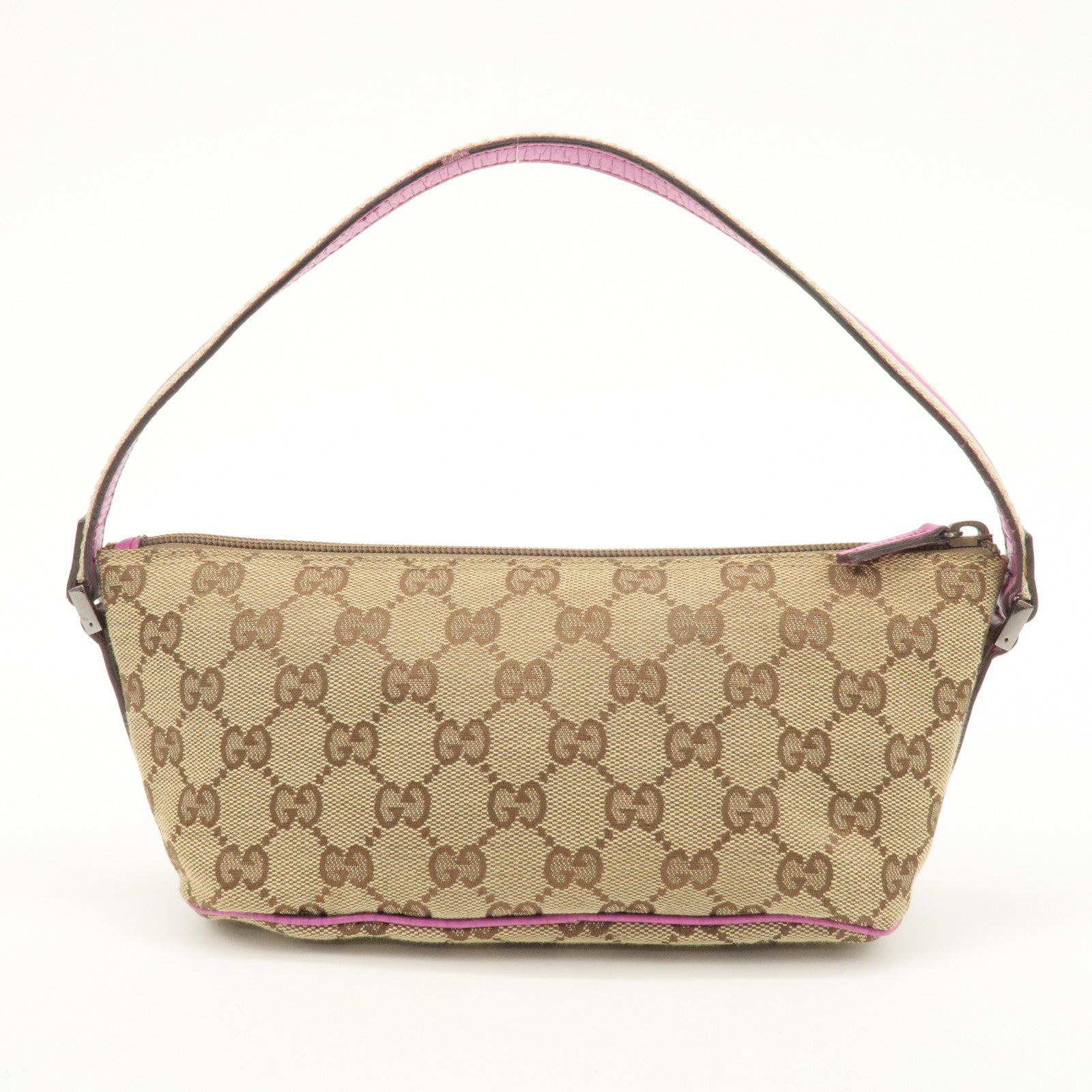 GUCCI Boat Bag Sherry GG Canvas Leather Pouch Brown Purple 141809