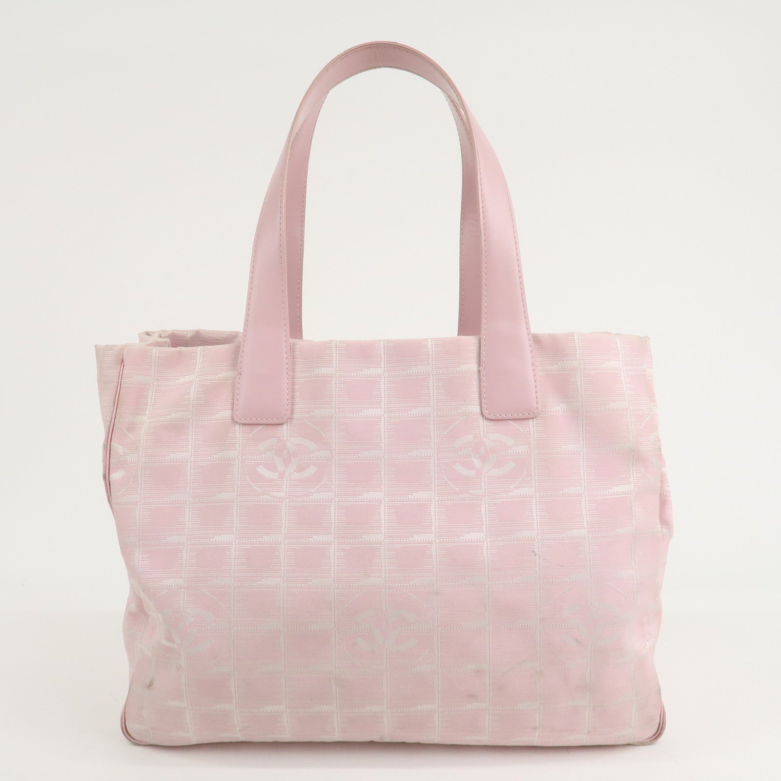 CHANEL New Travel Line MM Logo Jacquard Leather Tote Pink A15991 Used