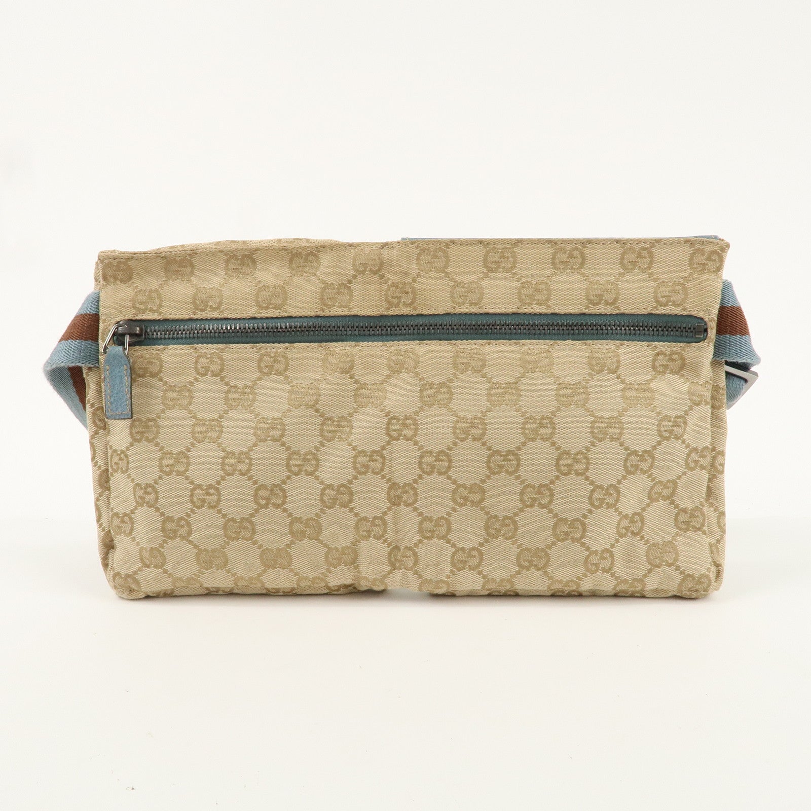 GUCCI Sherry GG Canvas Leather Waist Bag Beige Blue 28566