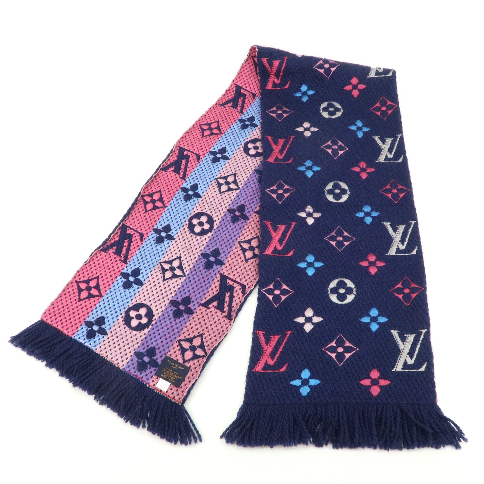 Louis Vuitton Escharpe Logo Mania Knit Scarf Navy Pink M70899 Used