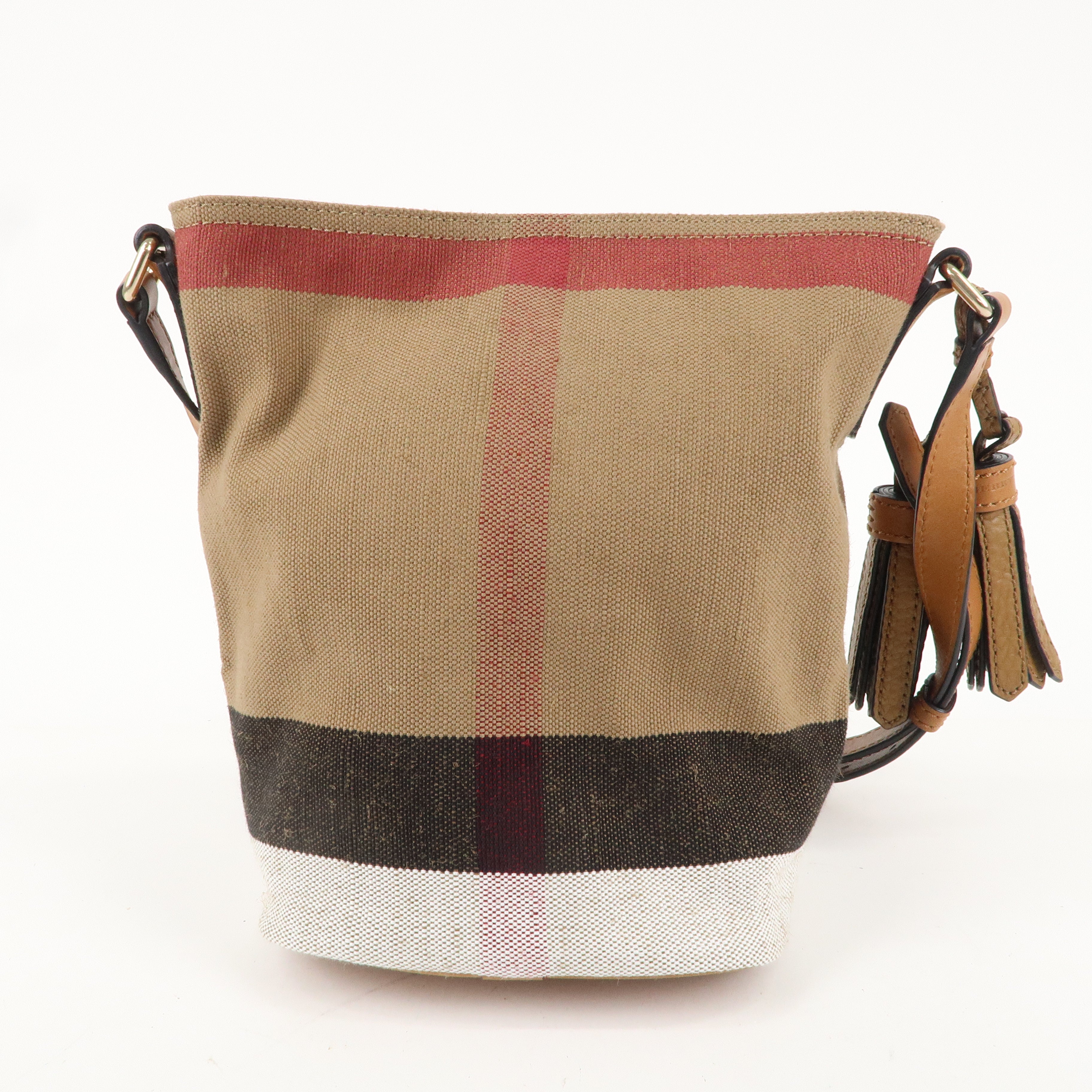 BURBERRY Canvas Leather Plaid Bucket Shoulder Bag Beige Brown