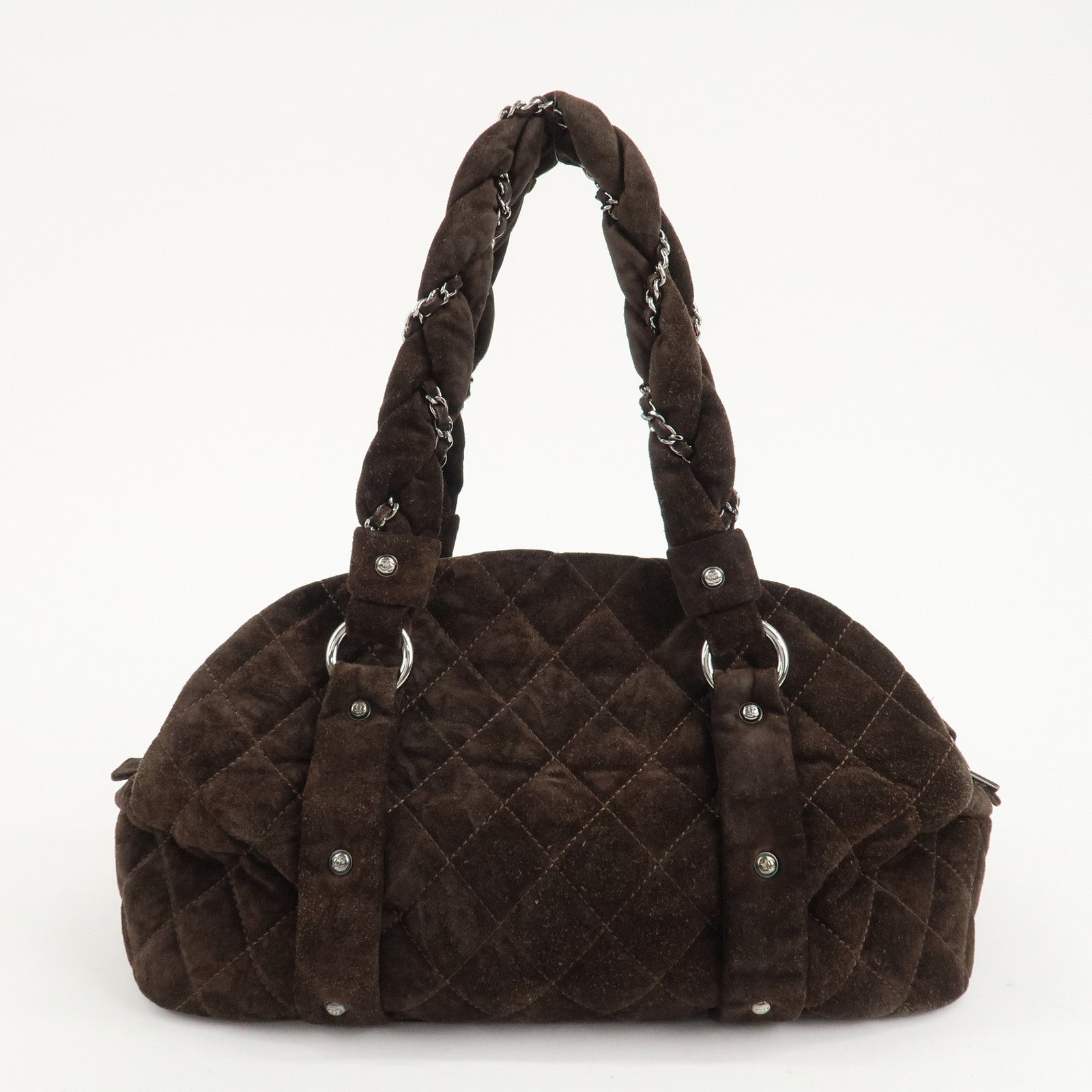 CHANEL Matelasse Suede Boston Bag Brown Silver Hardware