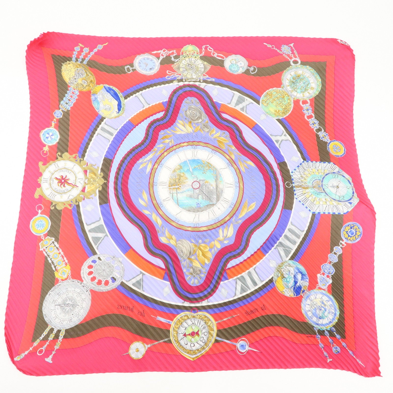 HERMES 100% Silk Pleats Carre Scarf Multicolor Used