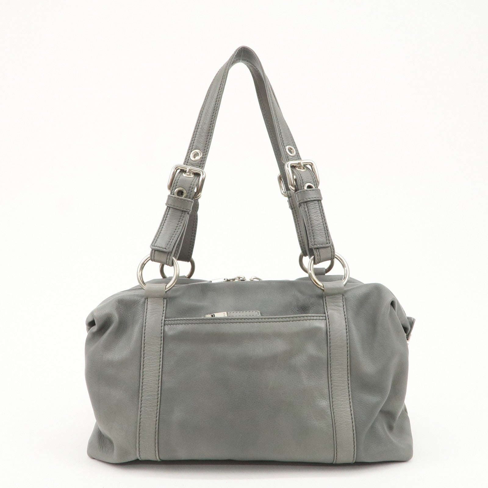 PRADA Leather Boston Bag Shoulder Bag Gray Silver Hardware Used