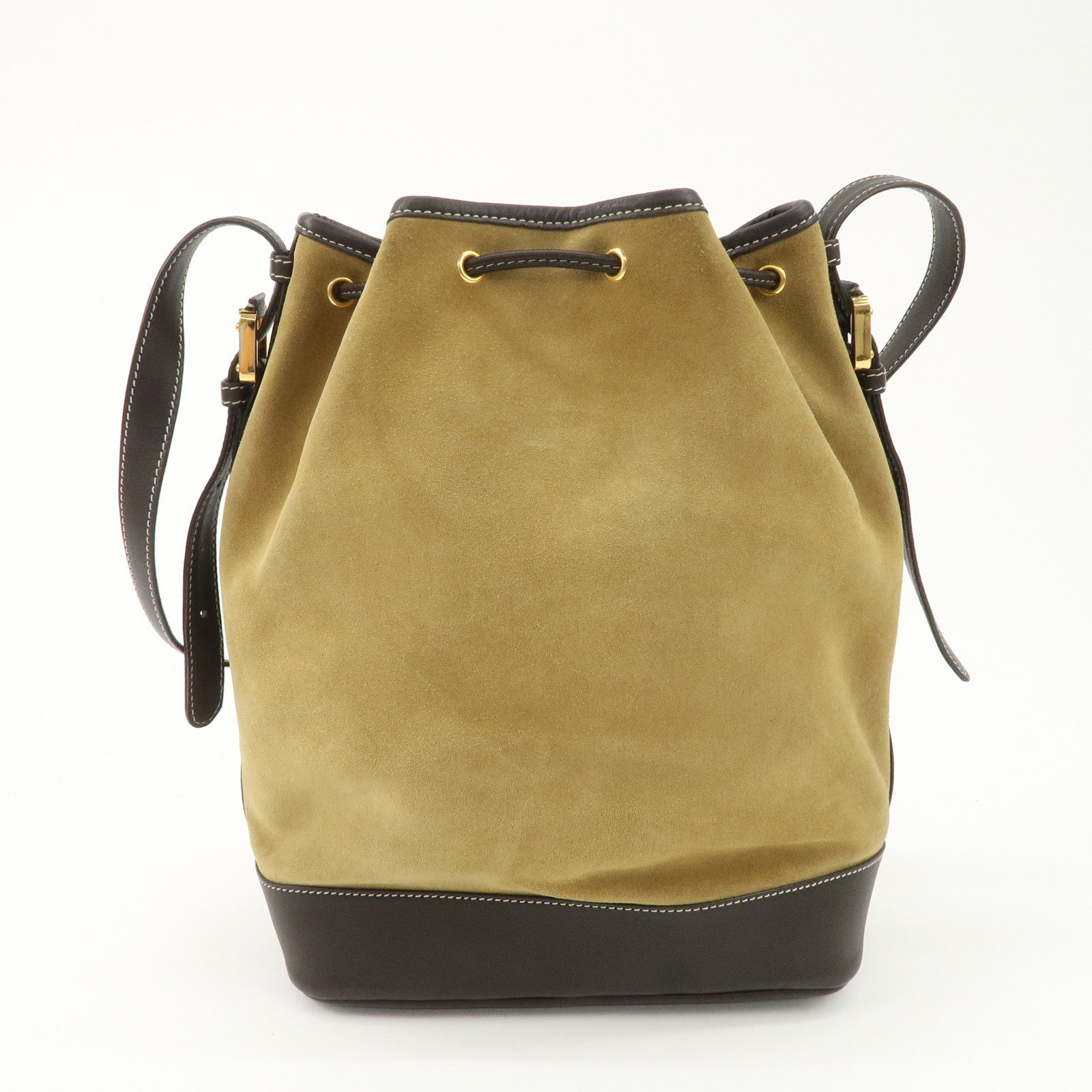 LOEWE Anagram Suede Leather Drawstring Shoulder Bag Beige Brown