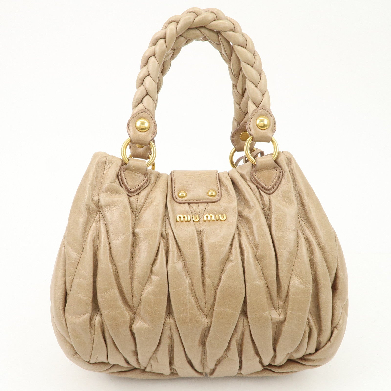 MIU MIU Matelasse Leather Gathered 2Way Shoulder Bag Beige RN0473 Used