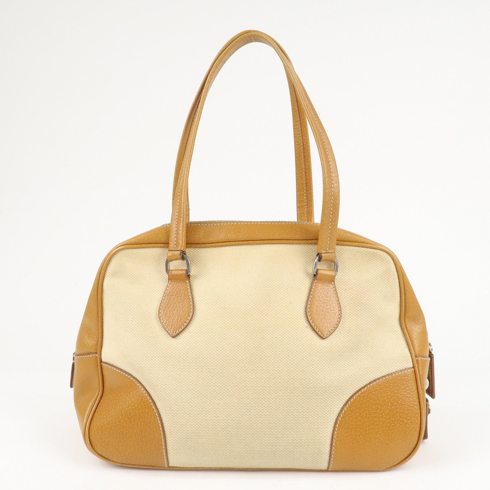 PRADA Canvas Leather Triangle Logo Boston Bag Ivory Brown