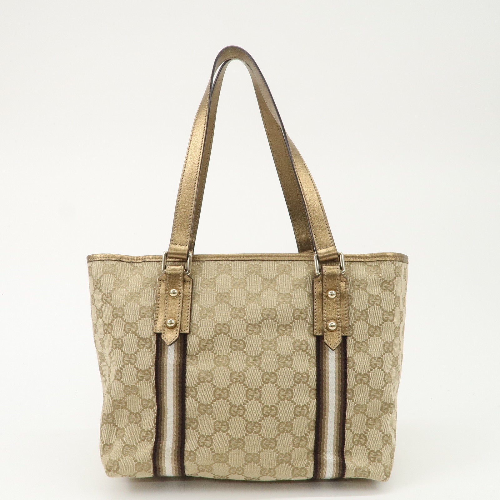 GUCCI Sherry GG Canvas Leather Tote Bag Beige Gold 137396