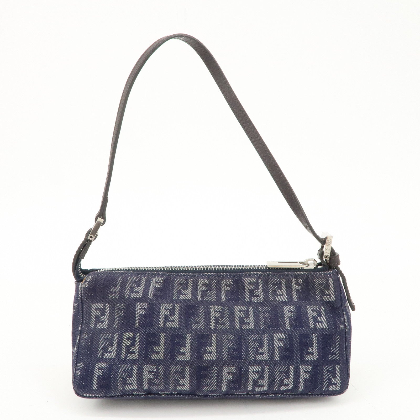 FENDI Zucchino Canvas Leather Shoulder Bag Pouch Navy 8BR249 Used