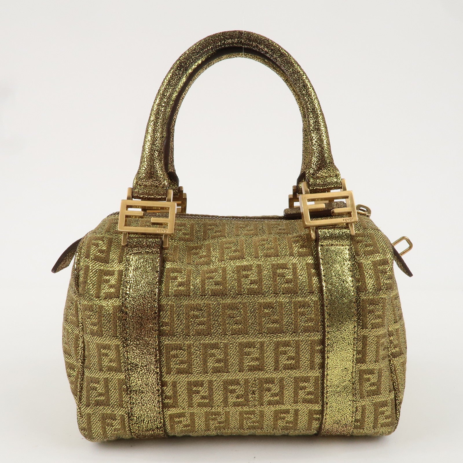 FENDI Zucchino Canvas Leather Mini Boston Bag Gold 8BL071