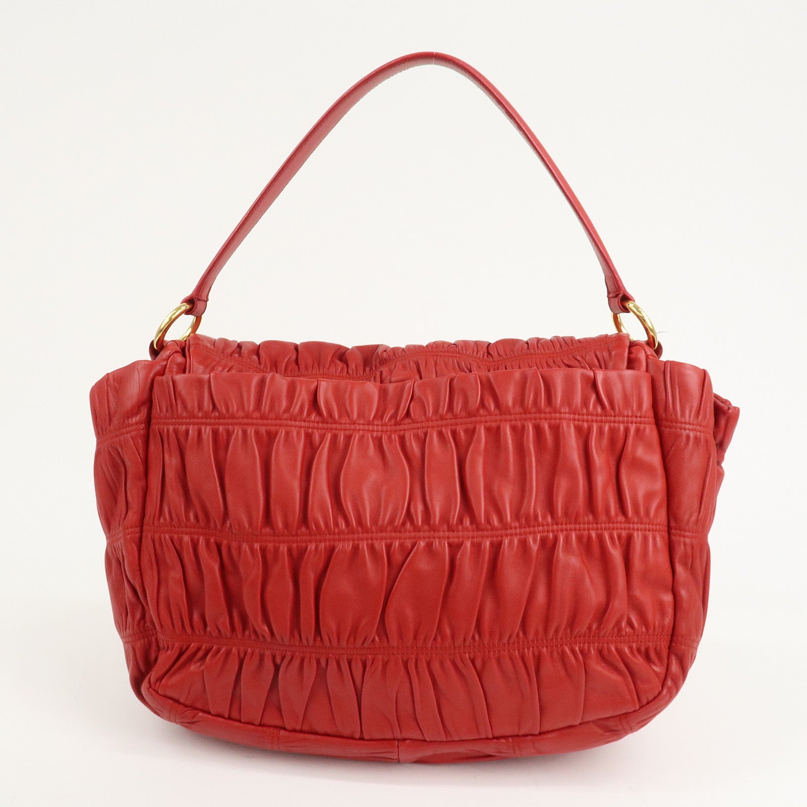 PRADA Logo Gathered Leather Shoulder Bag Hand Bag Red