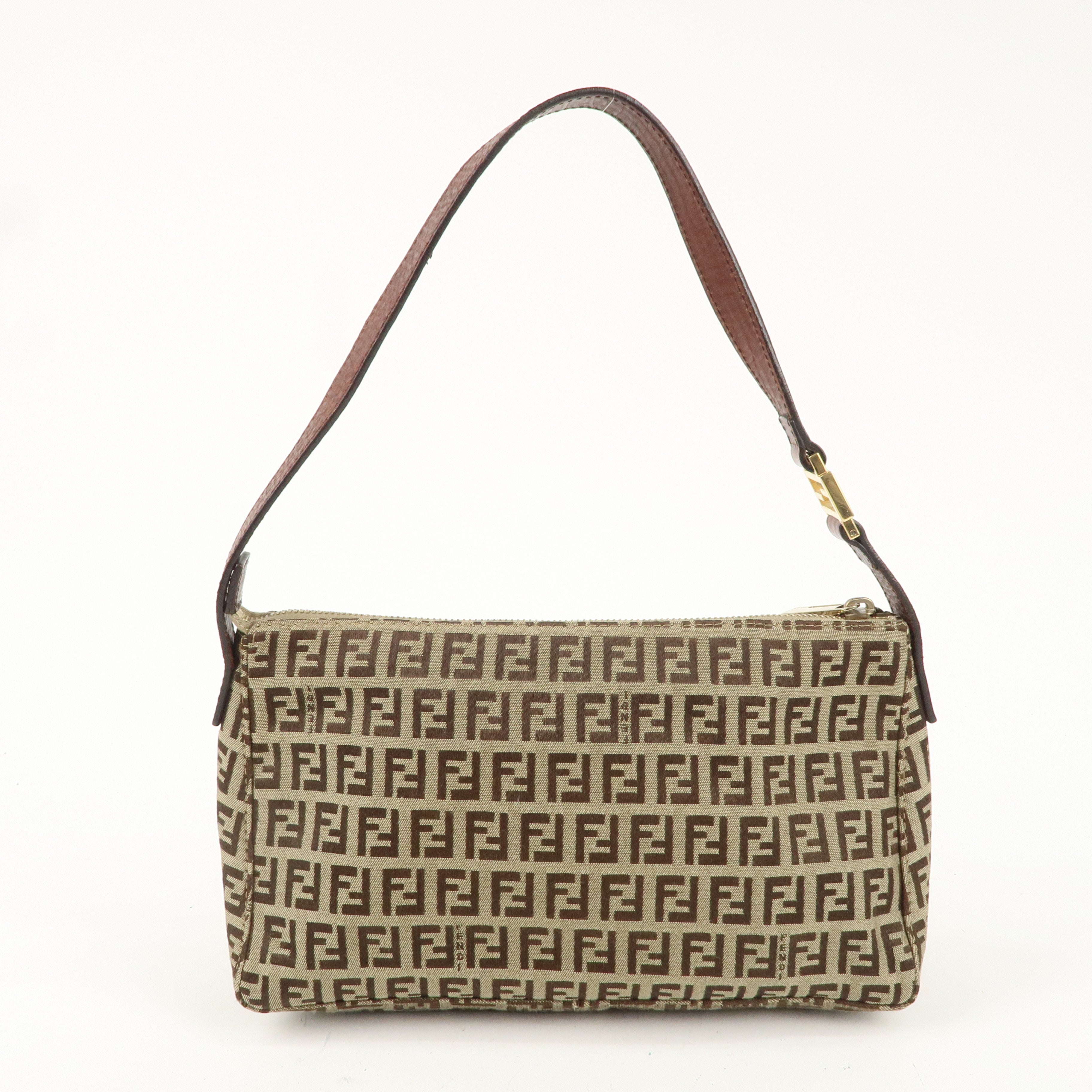 FENDI Zucchino Canvas Leather One Shoulder Bag Beige Brown 8BR444