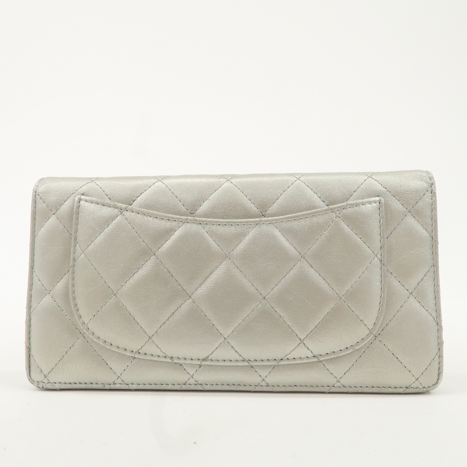 CHANEL Matelasse Lamb Skin Bi-fold Long Wallet Silver A31509 Used