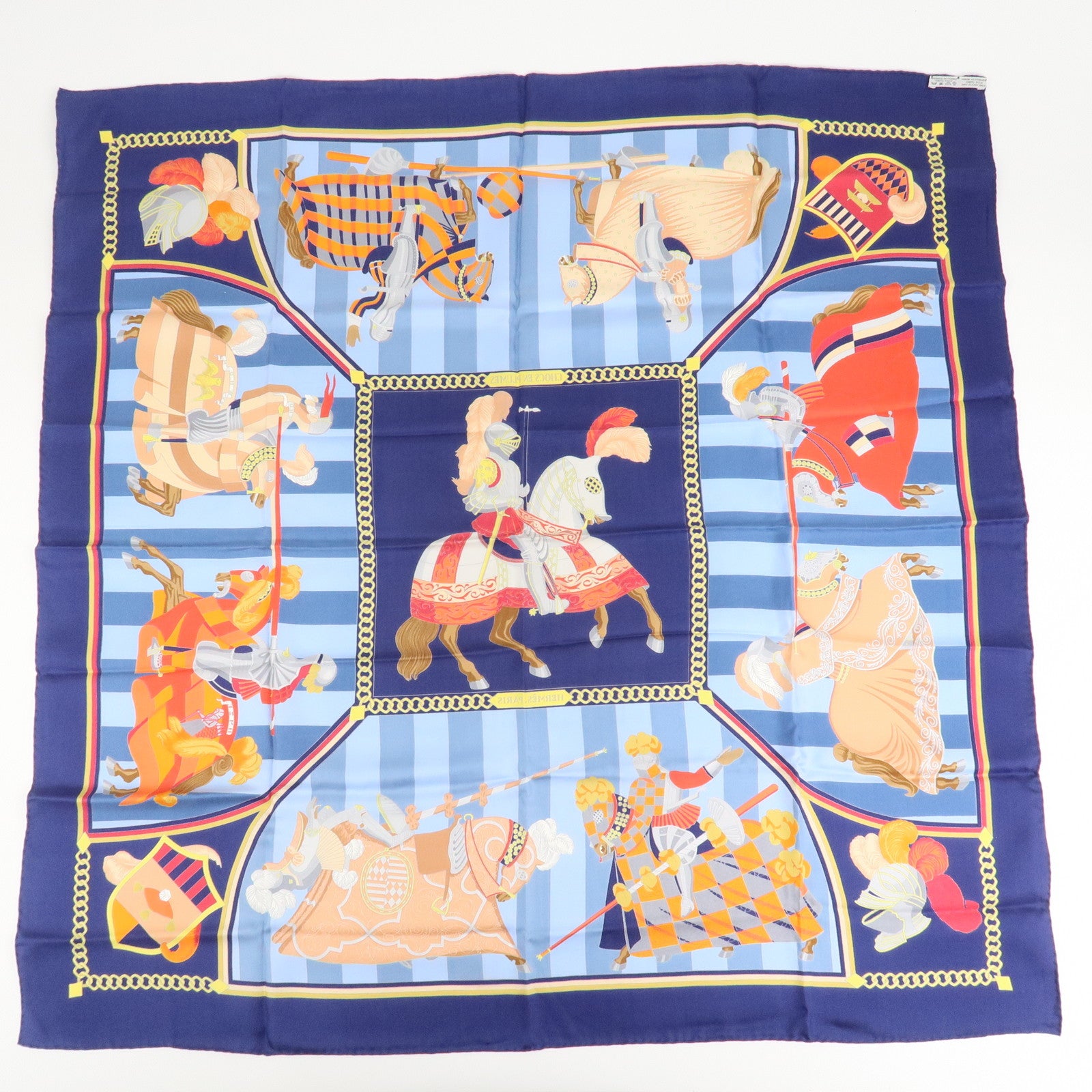 HERMES Carre 90 Silk 100% Scarf CHOCS EN PLUMES Navy Blue Red Used