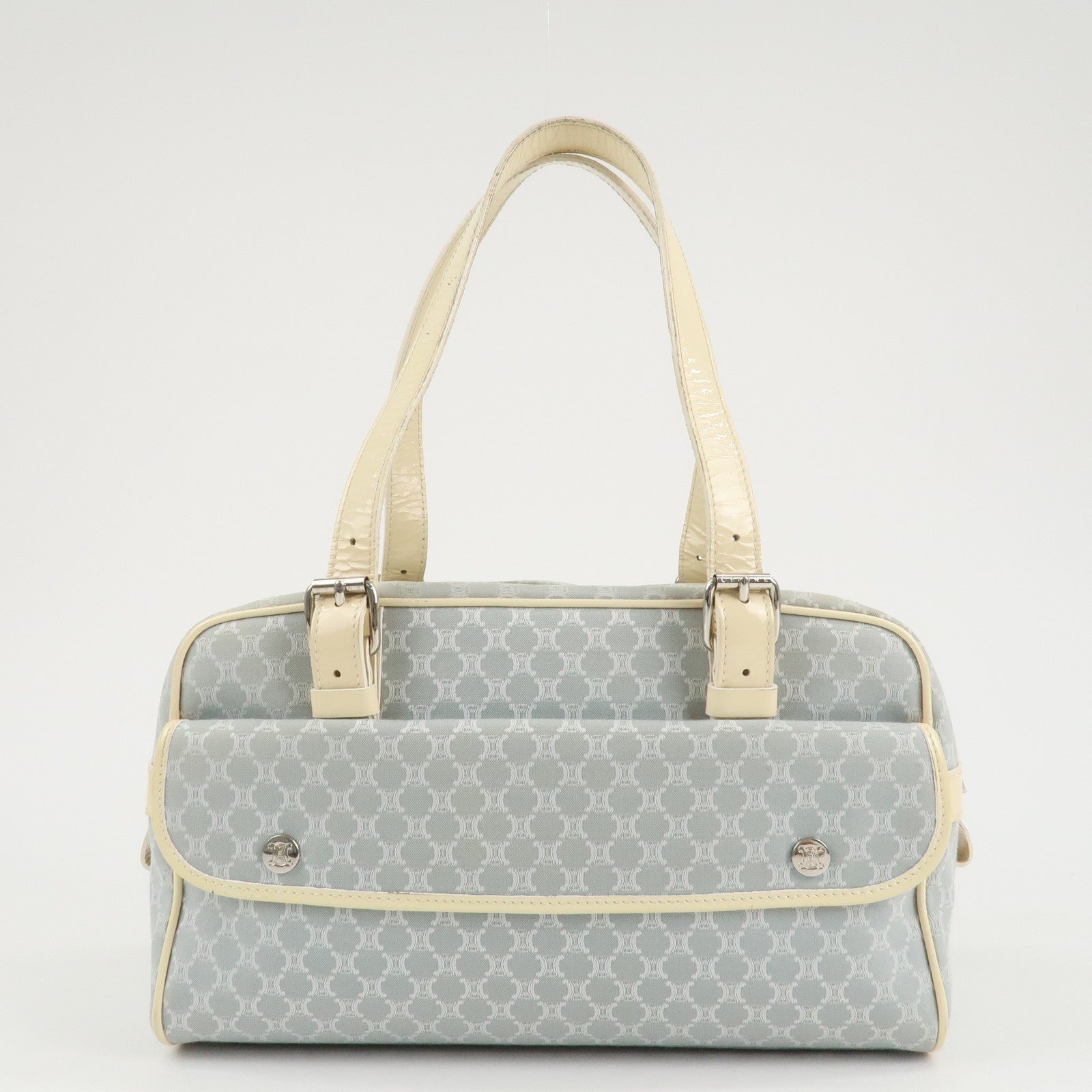 CELINE Macadam Canvas Patent Leather Boston Bag Blue Ivory Used