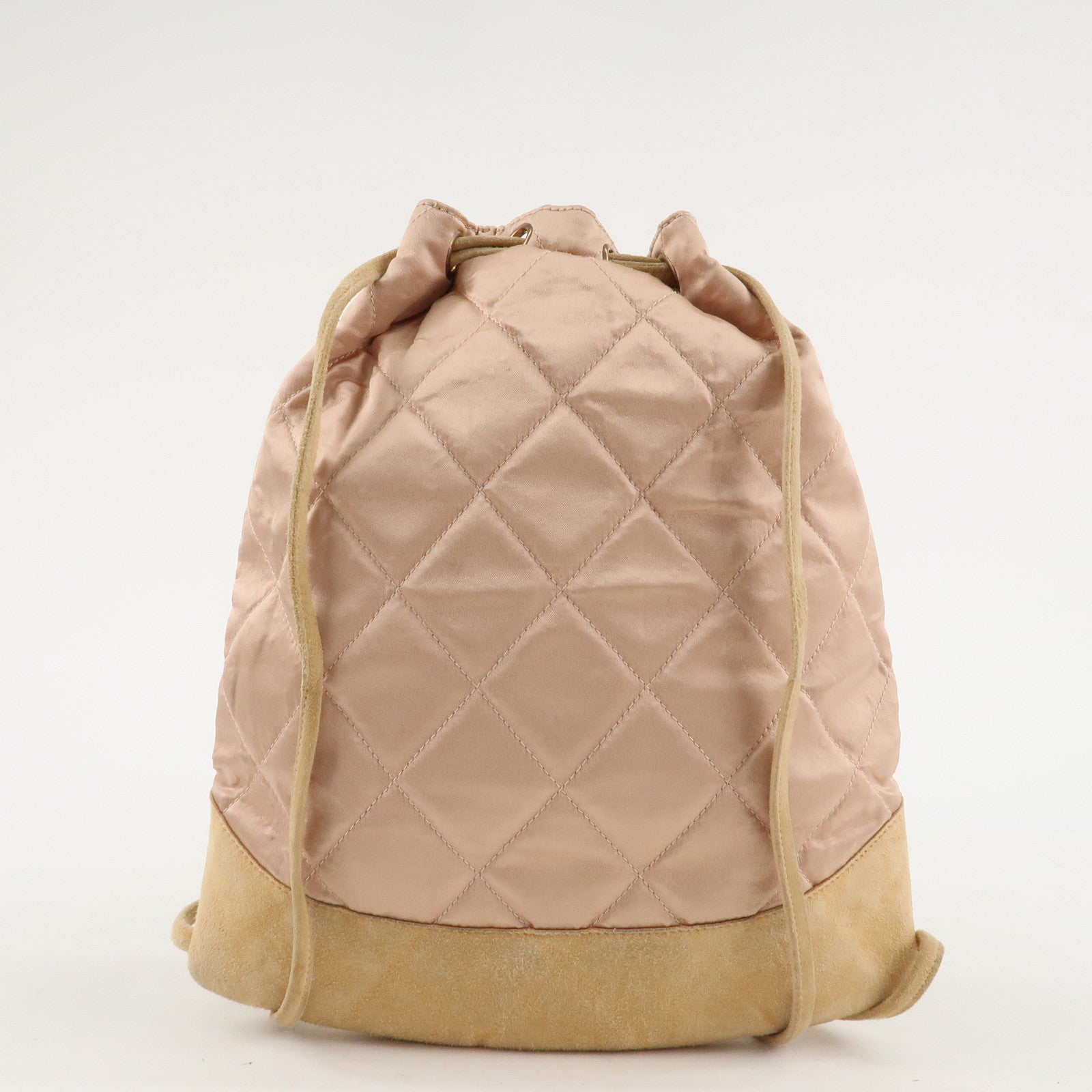 CHANEL Matelasse Satin Suede Back Pack Ruck Sack Pink Beige