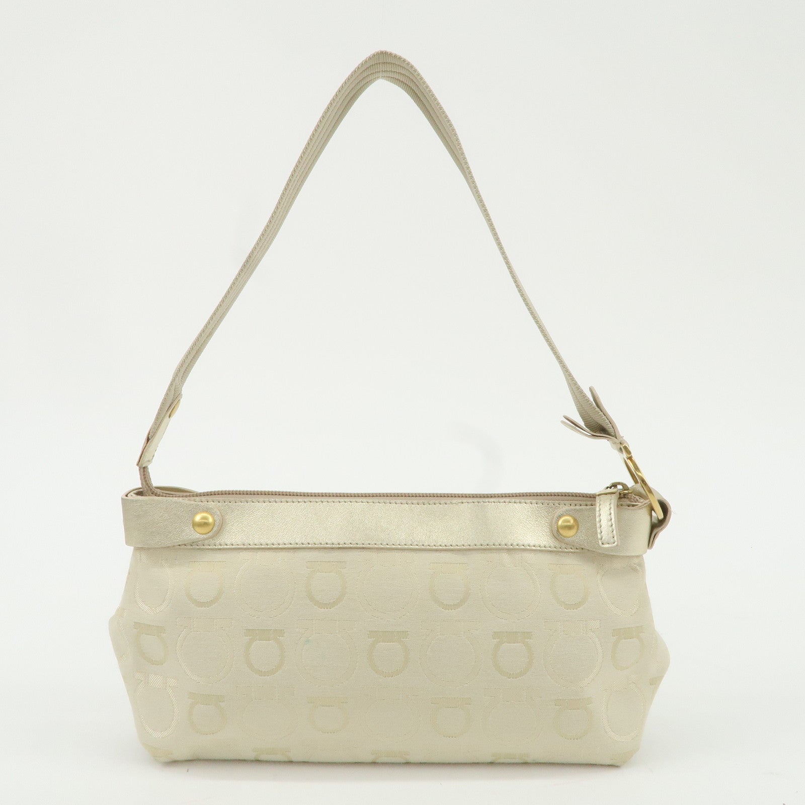 Ferragamo Canvas Leather Gancini Shoulder Bag Beige Gold Used