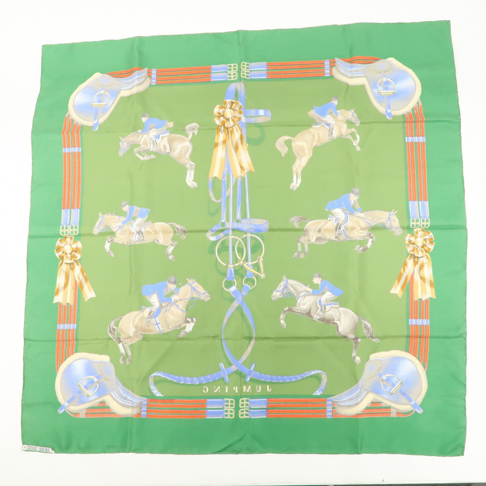 HERMES Carre 90 100% Silk Scarf JUMPING Riding Horse Green