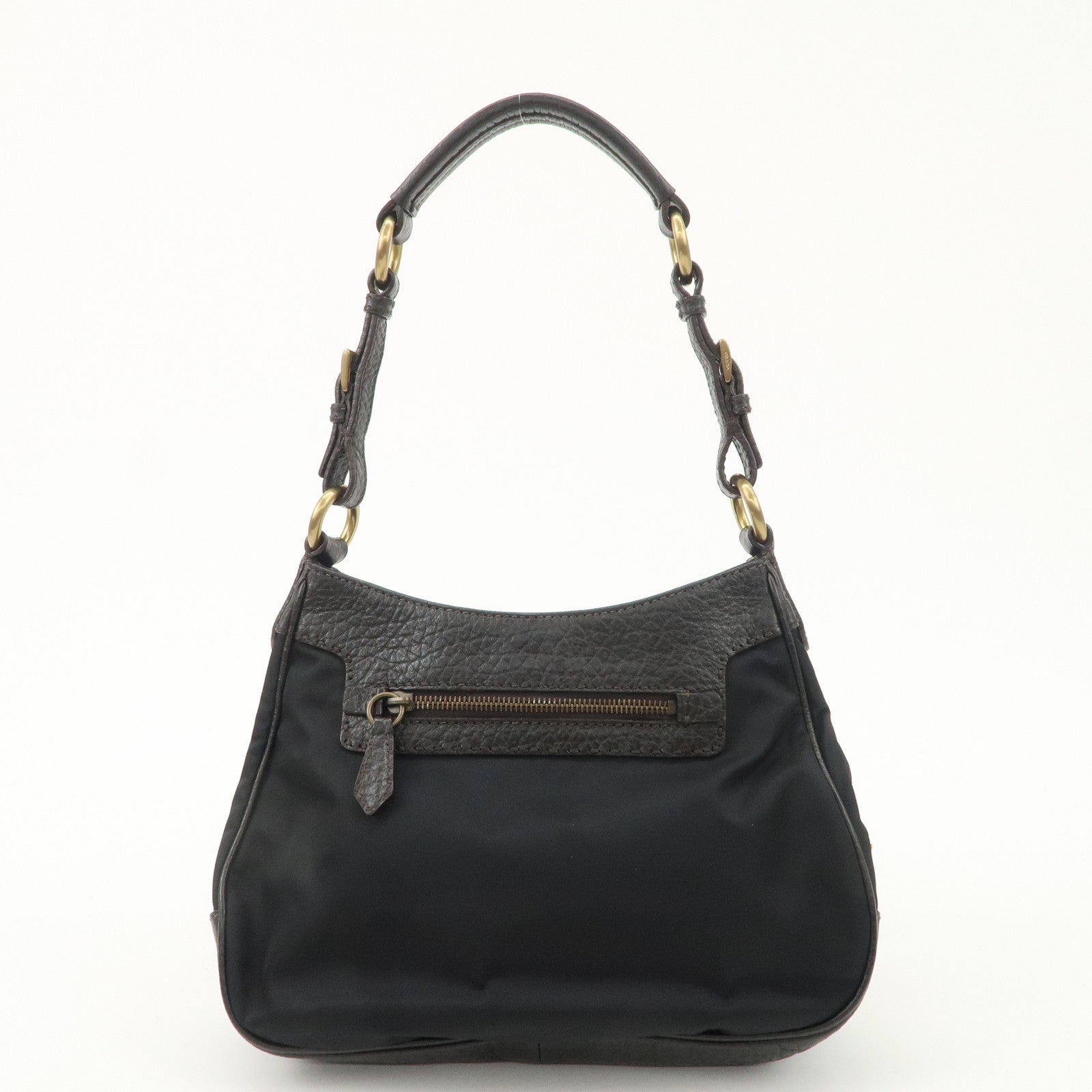 PRADA Nylon Leather Shoulder Bag Black Dark Brown BR1973