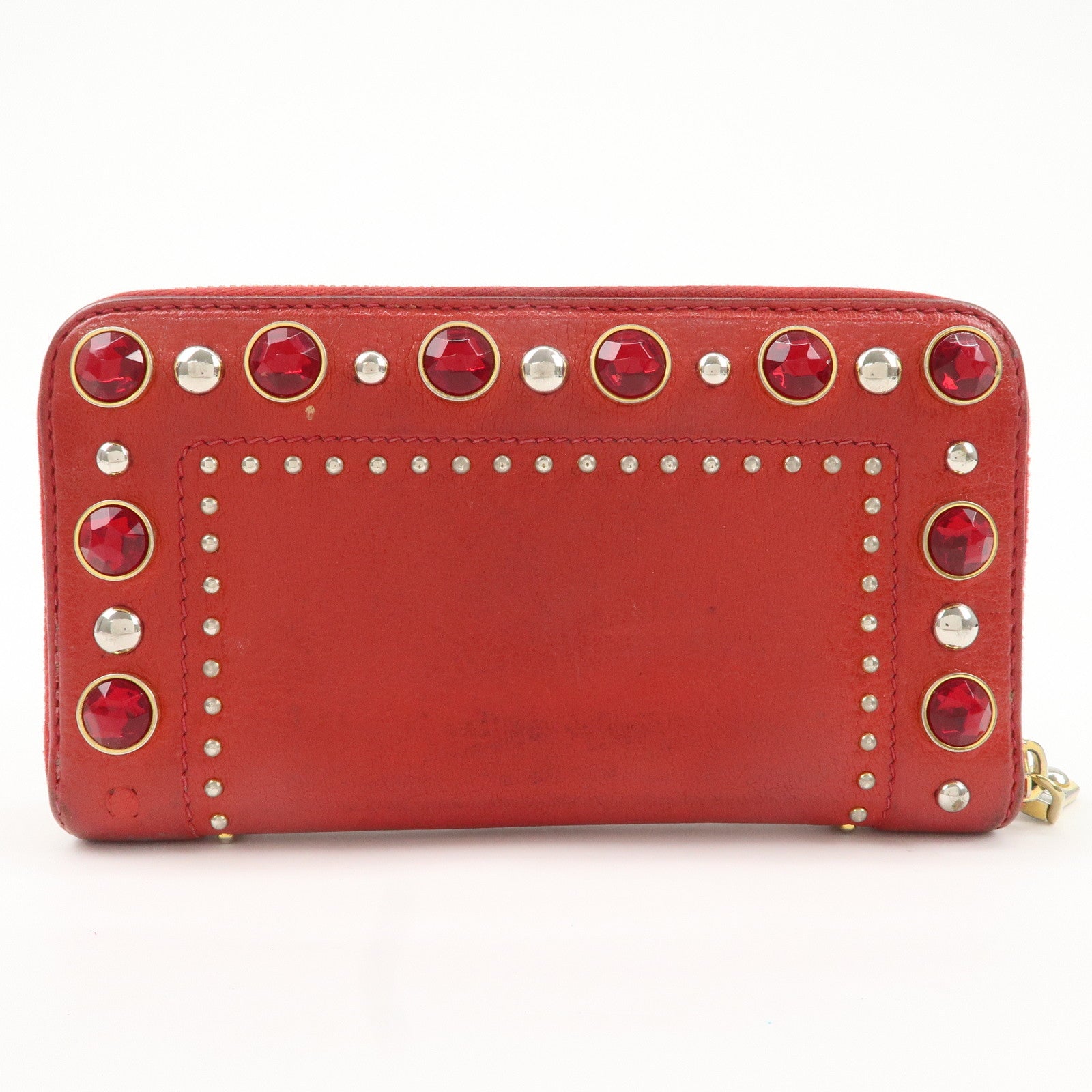 MIU MIU Leather Round Zipper Long Wallet Bijou Studs Red