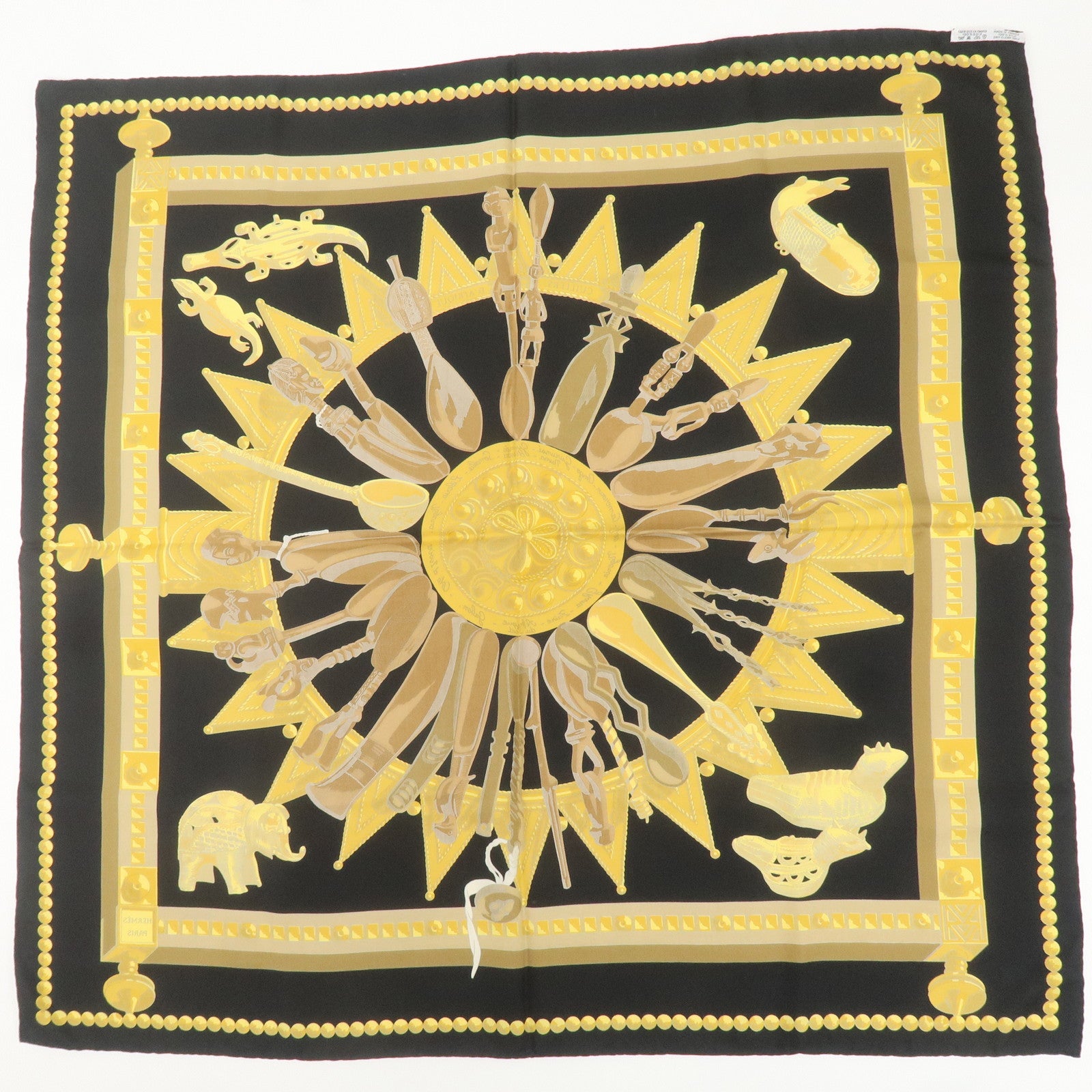 HERMES Carre 90 Silk 100% Scarf African Spoon Black Yellow