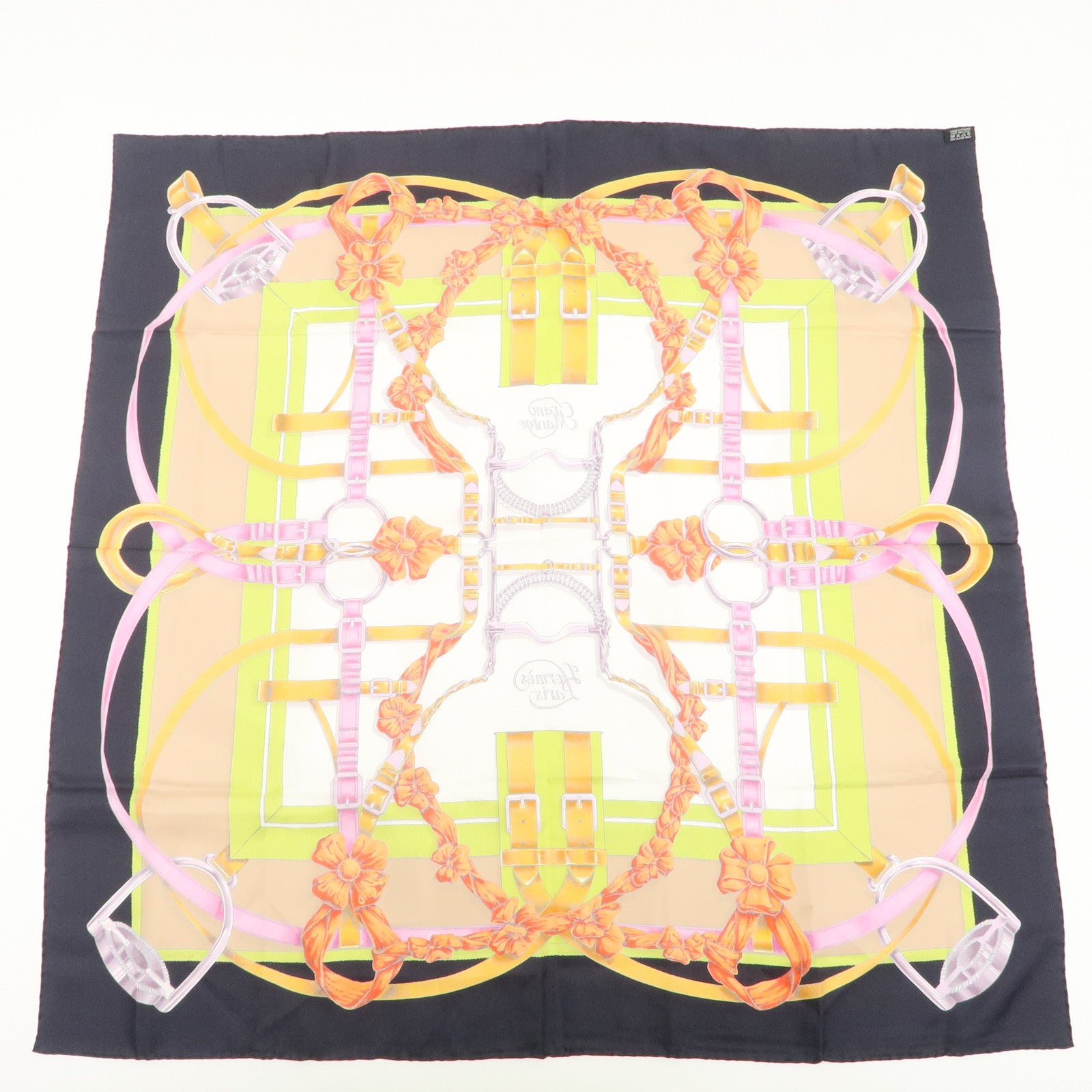 HERMES Carre 90 Silk 100% Scarf Crano Manege Black White Orange