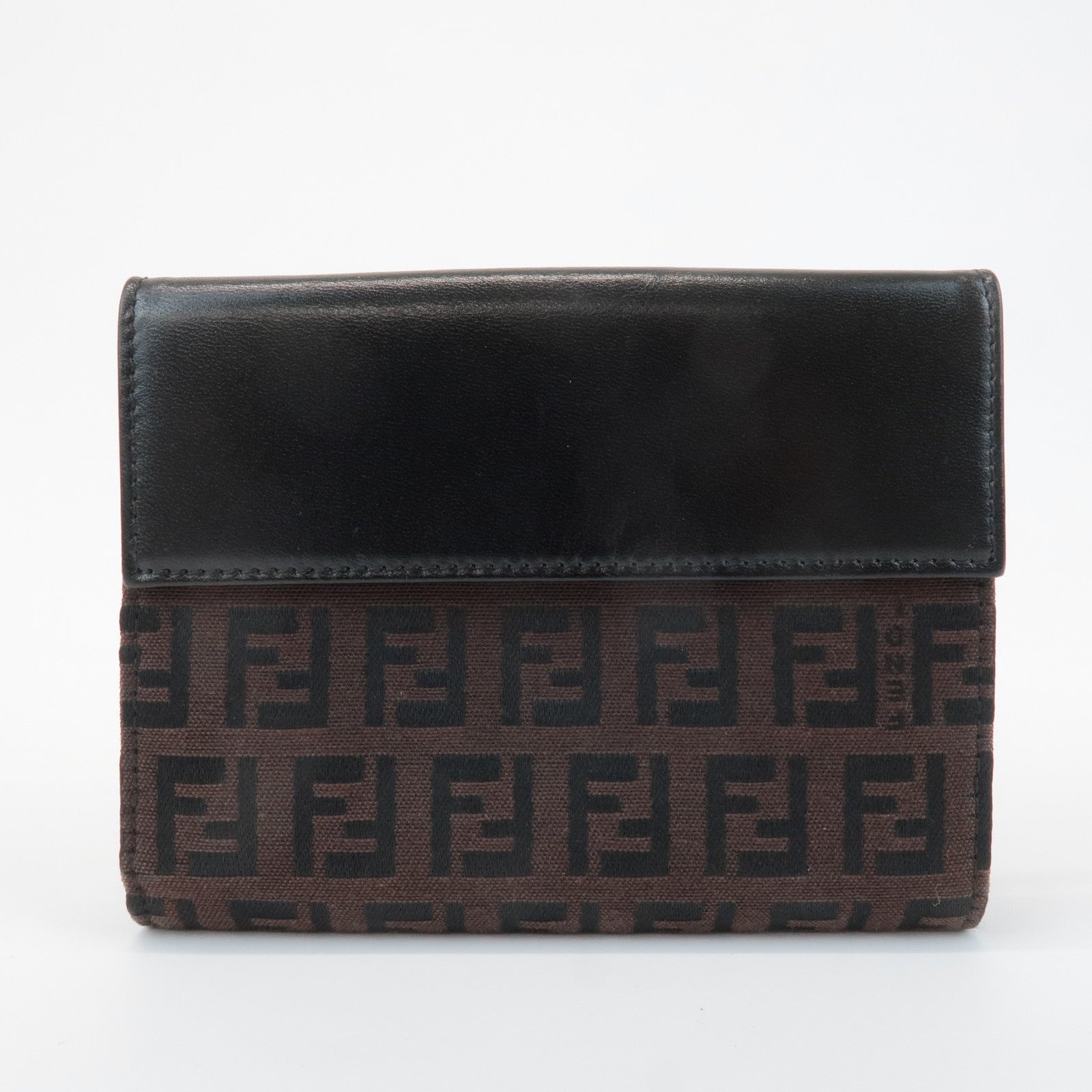 FENDI Zucca Canvas Leather Double Hook Wallet Brown Black 8M0035 Used