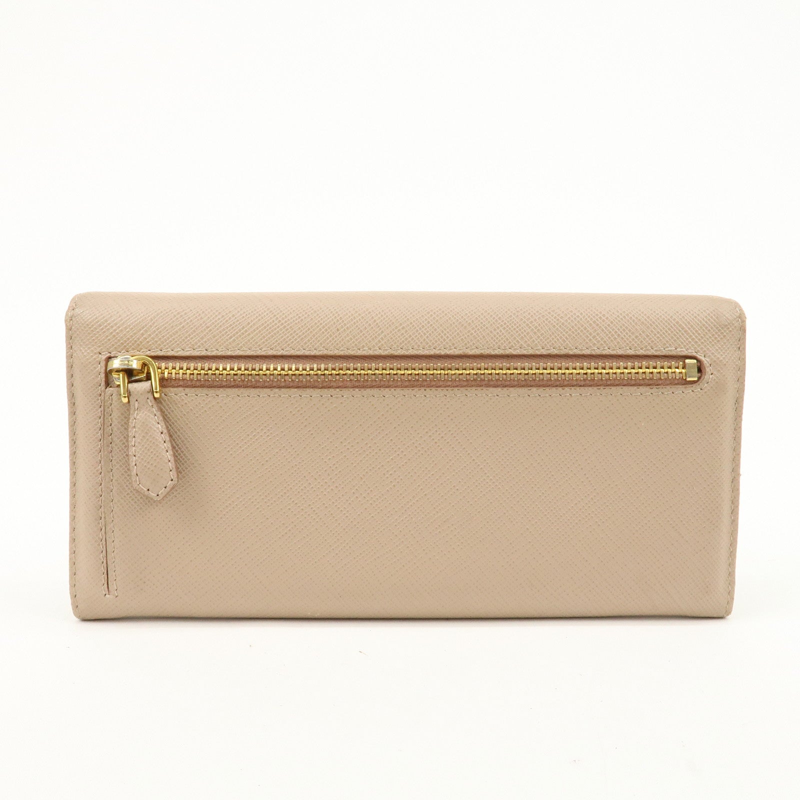 PRADA Logo Leather Bi-Fold Long Wallet Beige Pink Beige