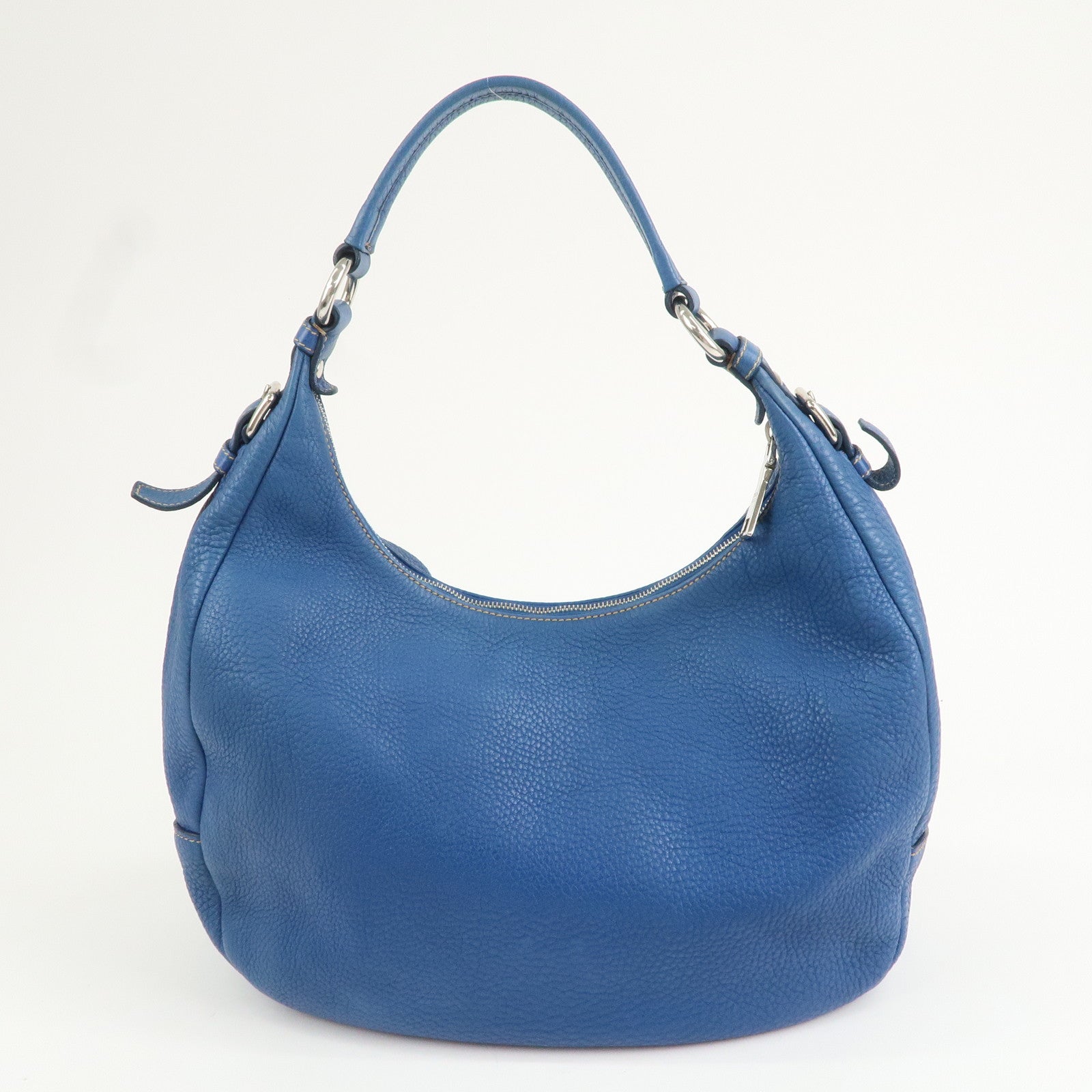 PRADA Logo Leather Shoulder Bag Blue Silver HDW