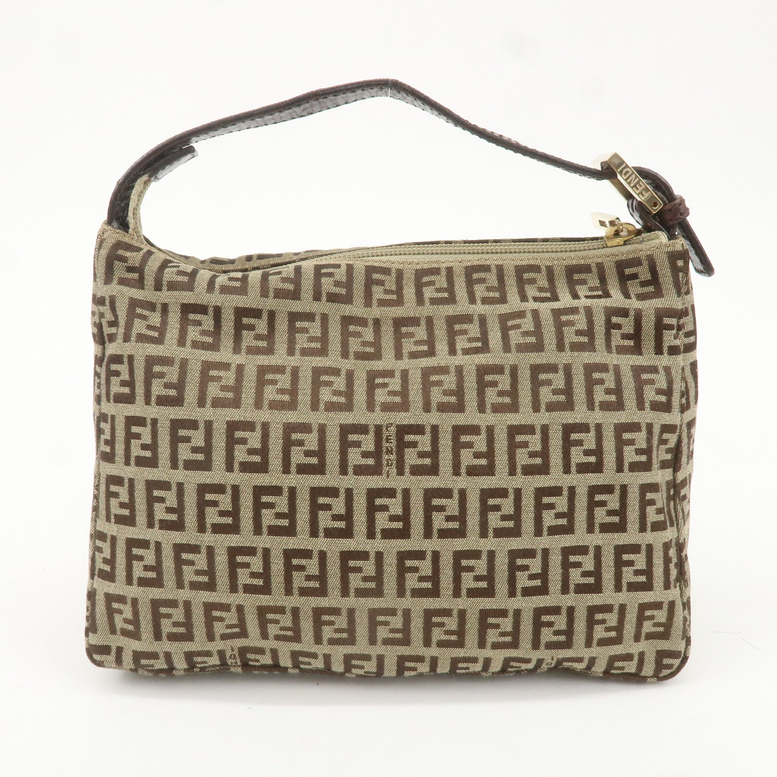 FENDI Zucchino Canvas Leather Hand Bag Pouch Khaki Brown 8N0005