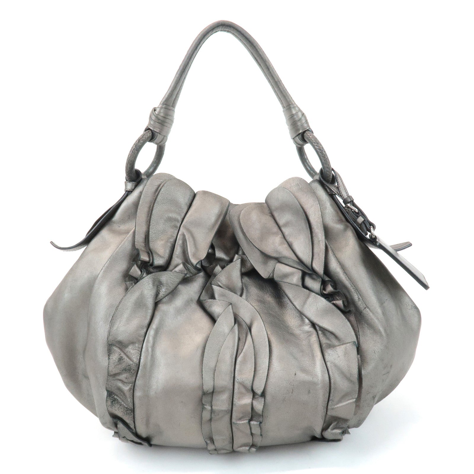 PRADA Leather Gathered 2WAY Shoulder Bag Hand Bag Silver Gray Used