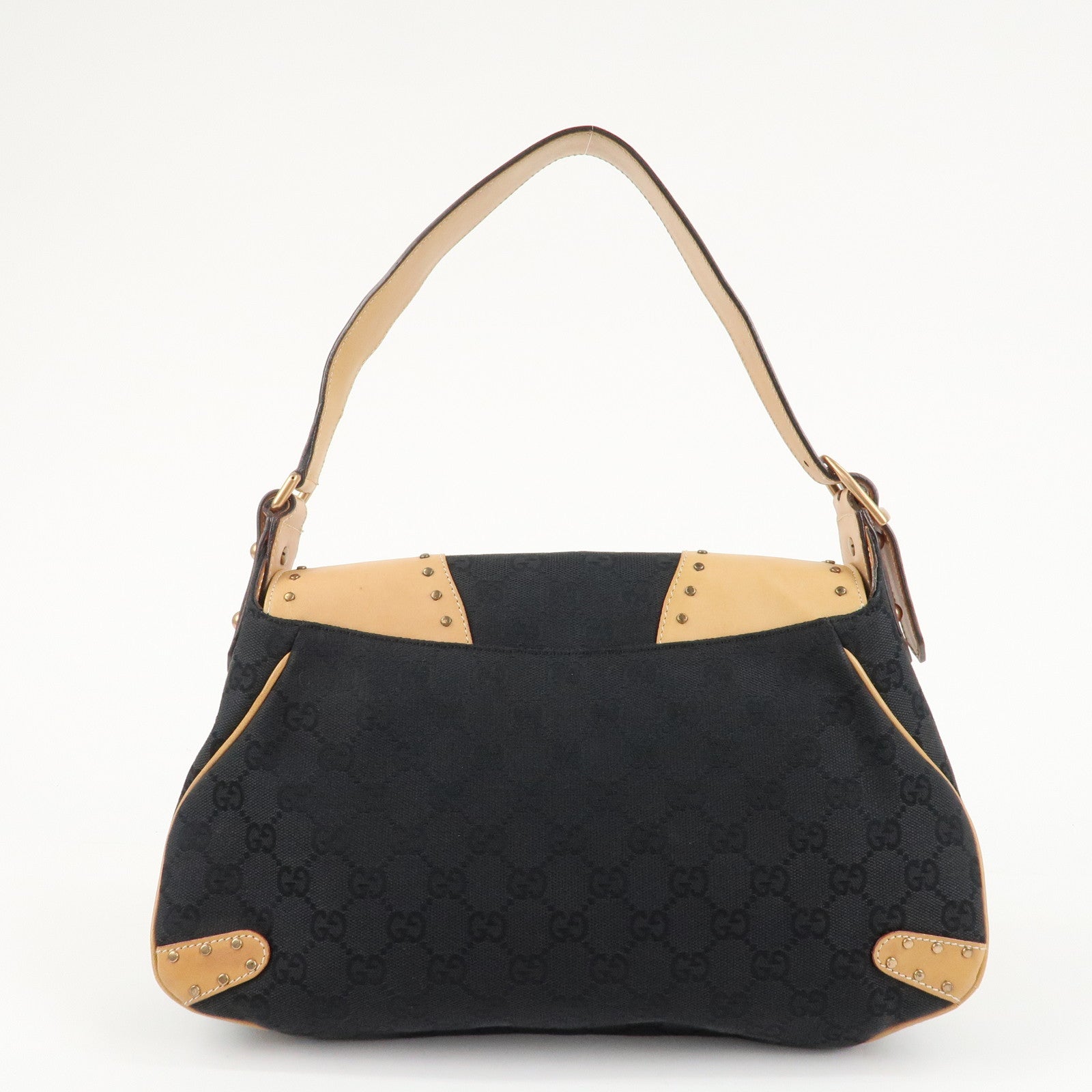 GUCCI Horsebit GG Canvas Leather Studs Shoulder Bag Black 114915