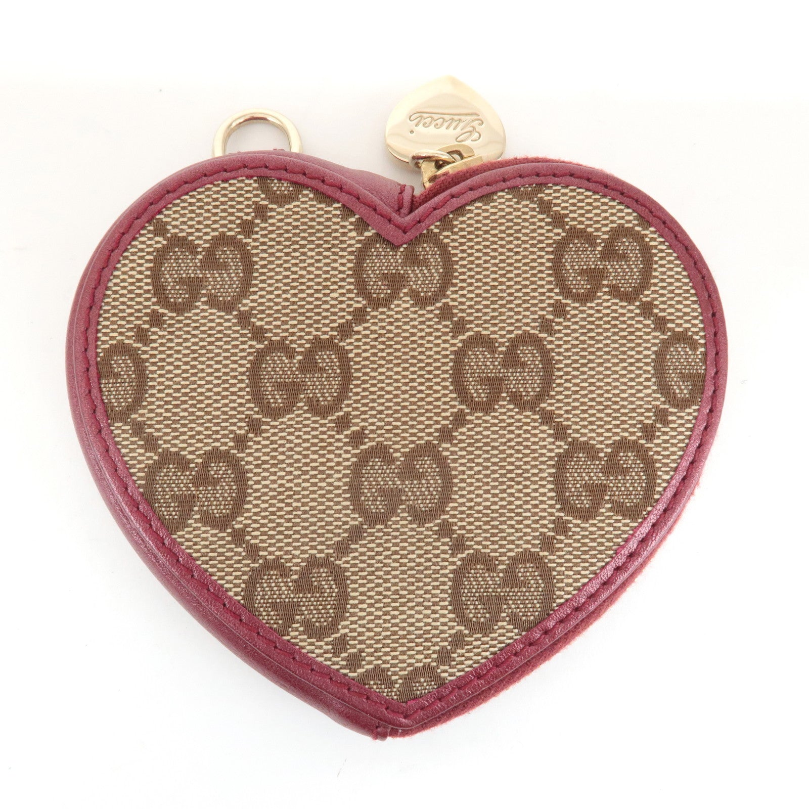 GUCCI GG Canvas Leather Heart Coin Purse Coin Case Red 152615 Used