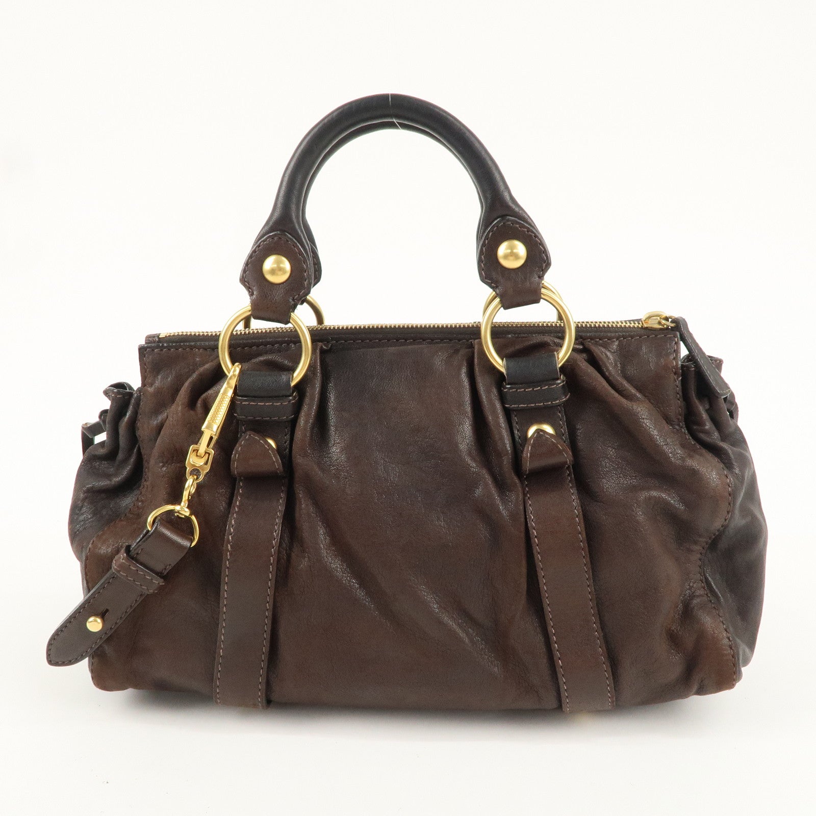 MIU MIU Leather 2Way Bag Hand Bag Shoulder Bag Dark Brown RT0384