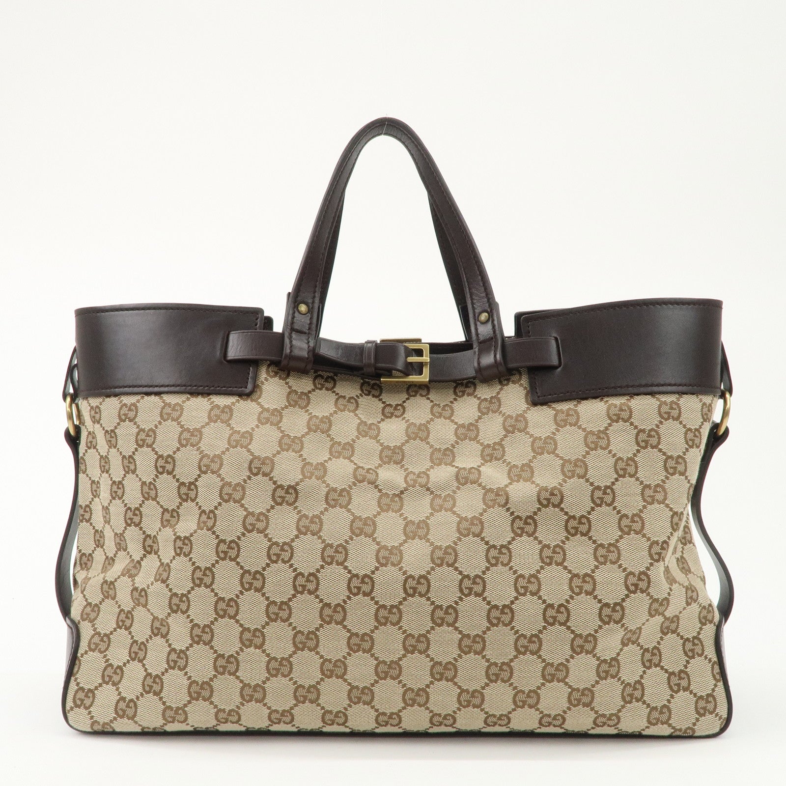 GUCCI GG Canvas Leather Tote Bag Beige Dark Brown 106251