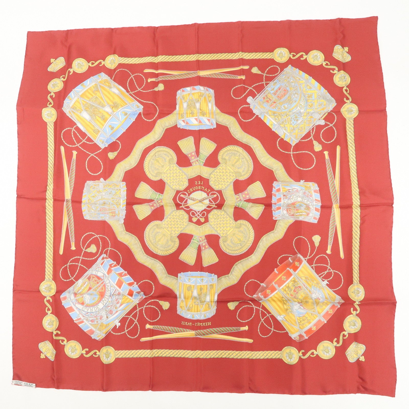 HERMES Carre 90 100% Silk Scarf LES TAMBOURS Drum Print Wine Red