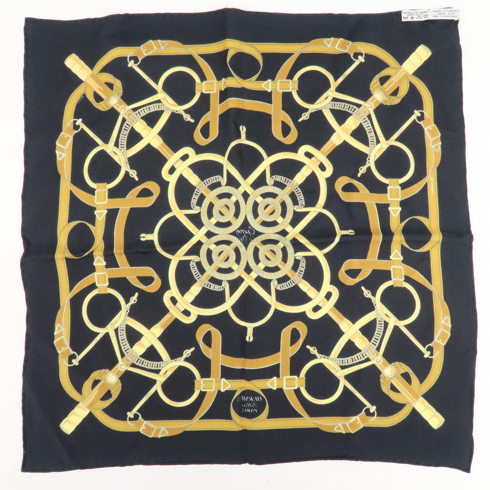 HERMES Silk 100% Carre 40 Scarf Pellier Navy Gold Used