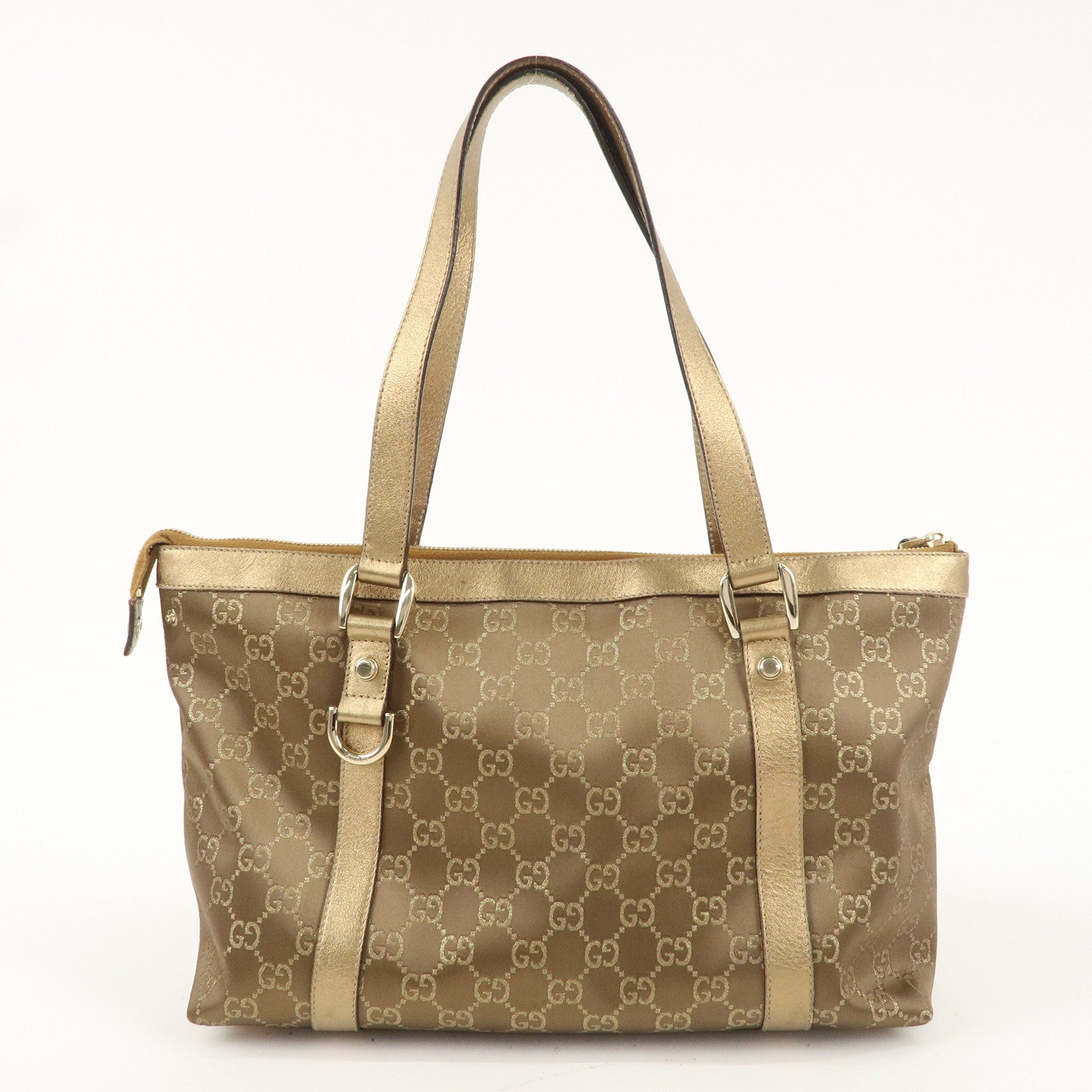 GUCCI Abbey GG Satin Nylon Leather Tote Bag Brown Gold 171470