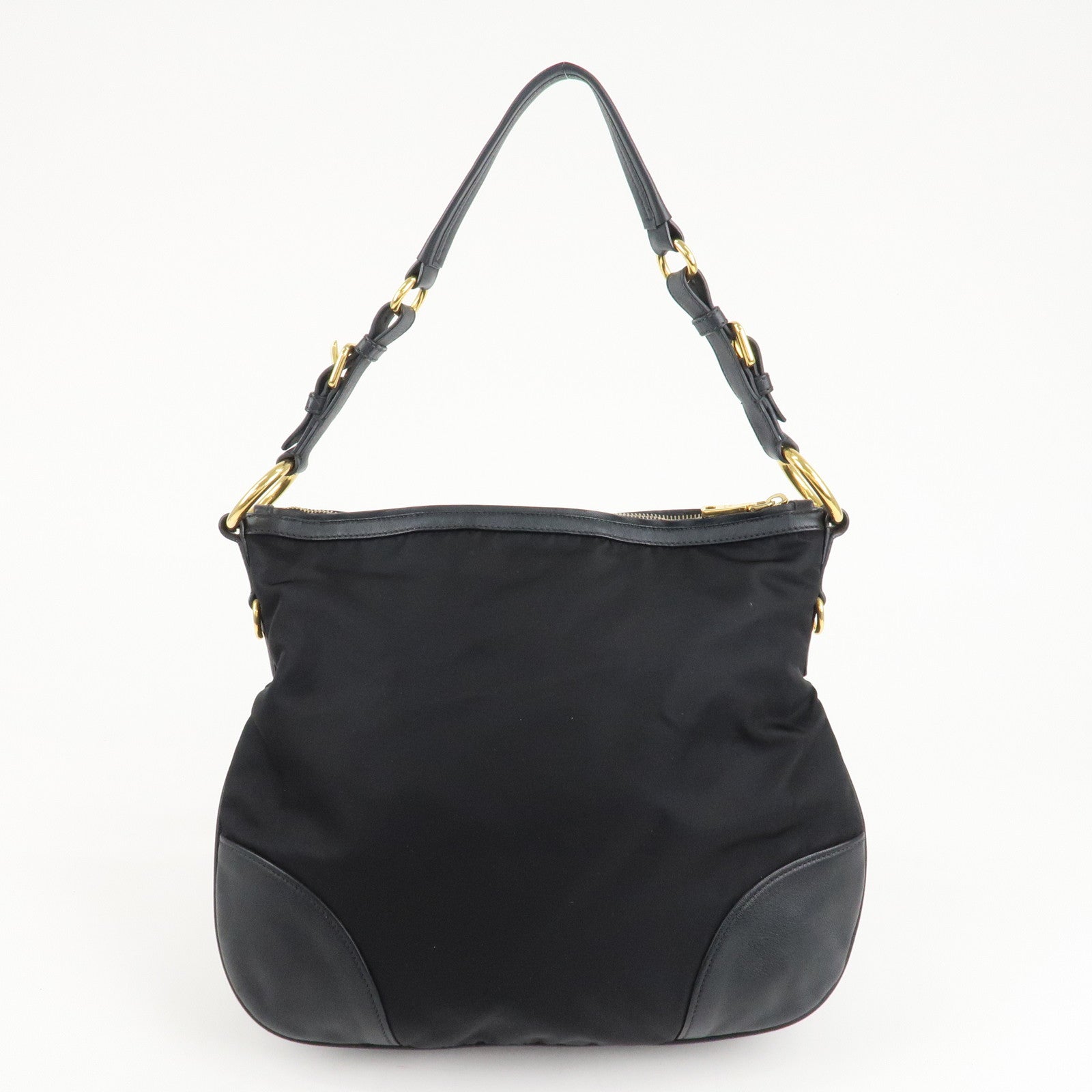 PRADA Nylon Leather Shoulder Bag Black Gold Hardware