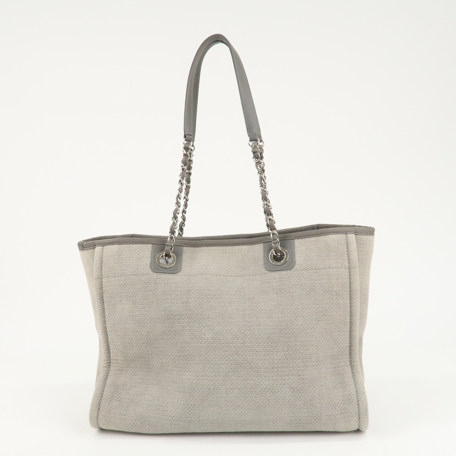 CHANEL Deauville Canvas Leather Chain Tote Bag Gray A67001