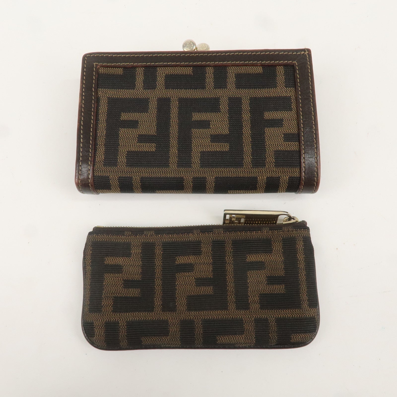 FENDI Set of 2 Zucca Canvas Leather Wallet 
Coin Case Brown Black