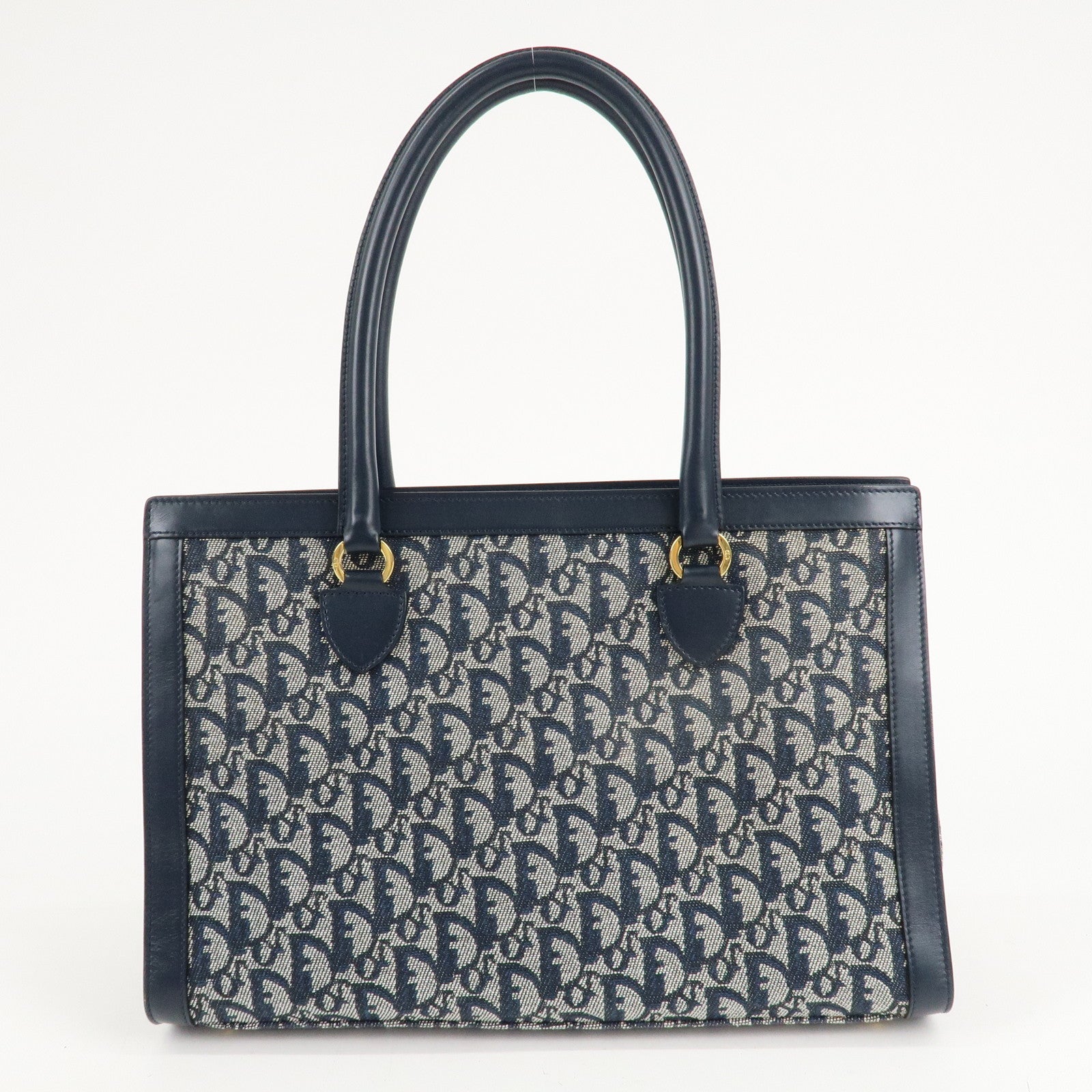 Chiristian Dior Trotter Jacquard Leather Tote Bag Hand Bag Navy Used