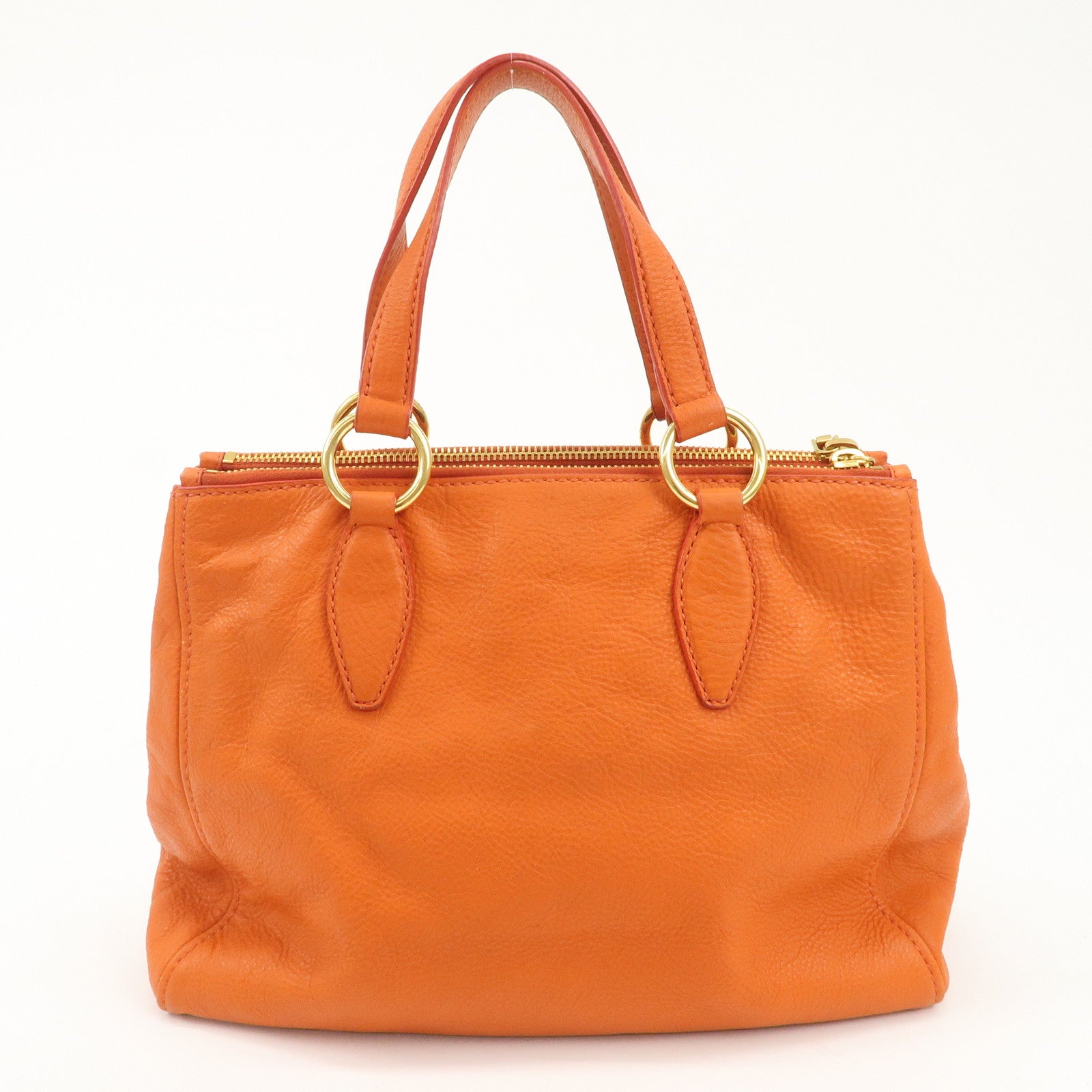 MIU MIU Leather Tote Bag Gold Logo Orange Gold Hardware Used