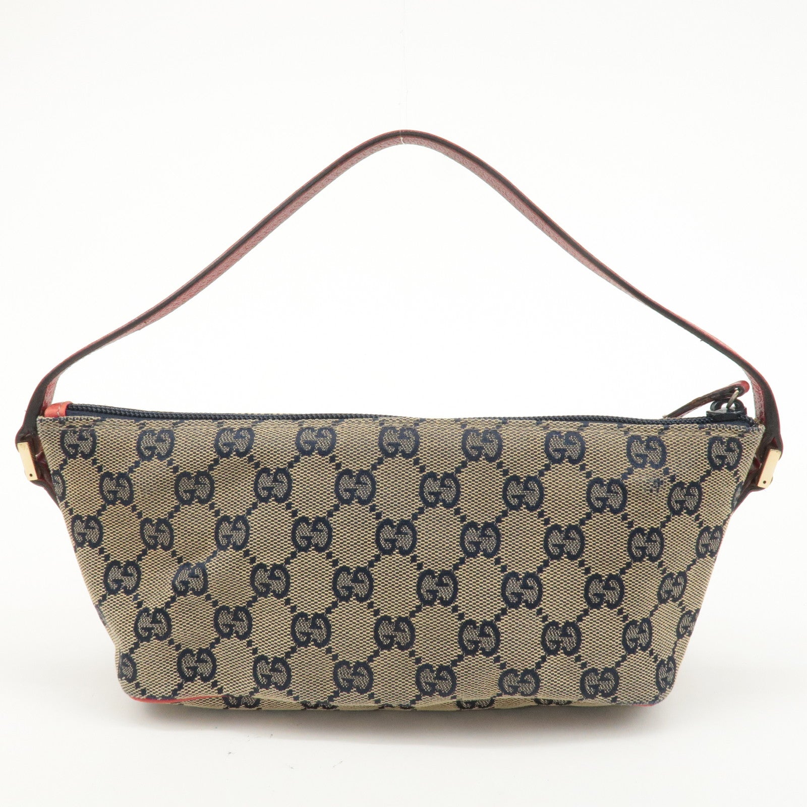 GUCCI Boat Bag GG Canvas Leather Bag Pouch Beige Navy Red 7198