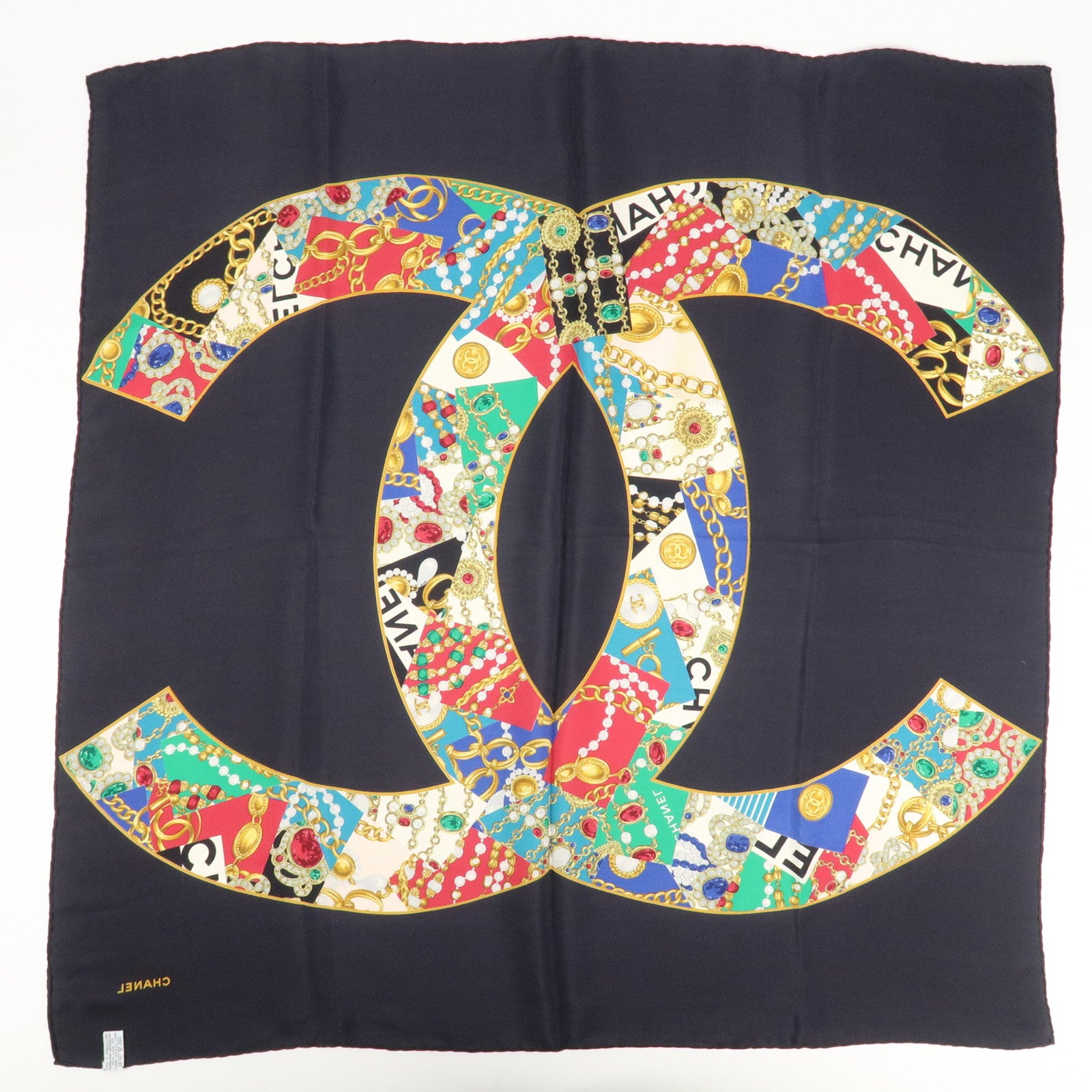 CHANEL Silk 100 % Scarf COCO Mark Black Multicolor Used