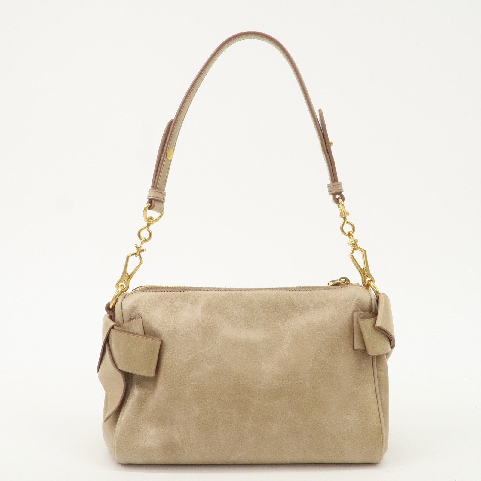 MIU MIU Leather Shoulder Bag Beige Gold Hardware Used